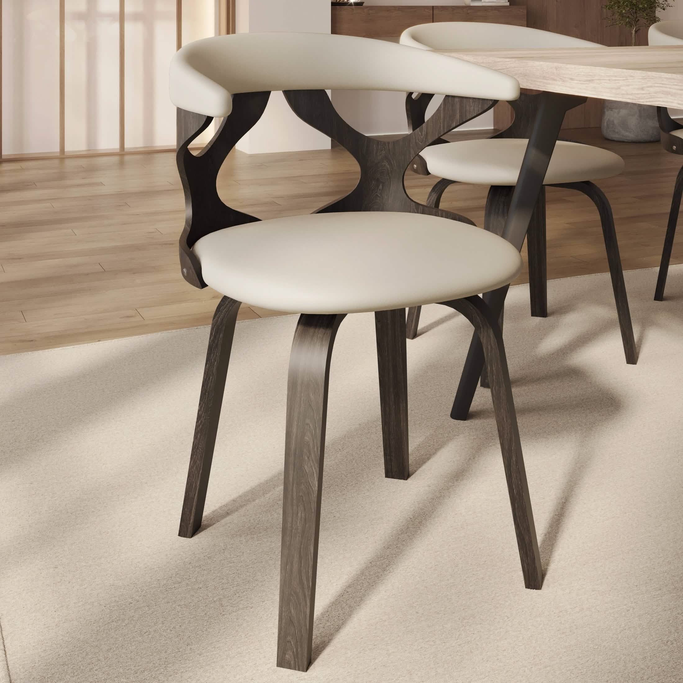 Klyne Modern Wooden Dining Chair Upholstered in Leather With Walnut Color Frame Dark Walnut Taupe Dining Chair Leisuremod