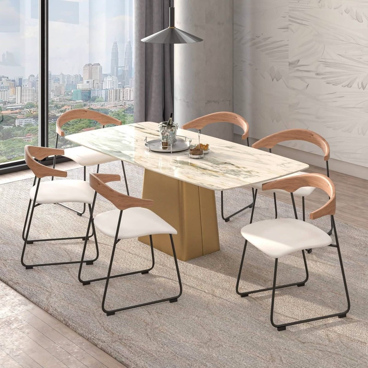 Leisuremod Dining Chair Lyra Leather Dining Chair with a Beech Wood Curved Back and Iron Legs