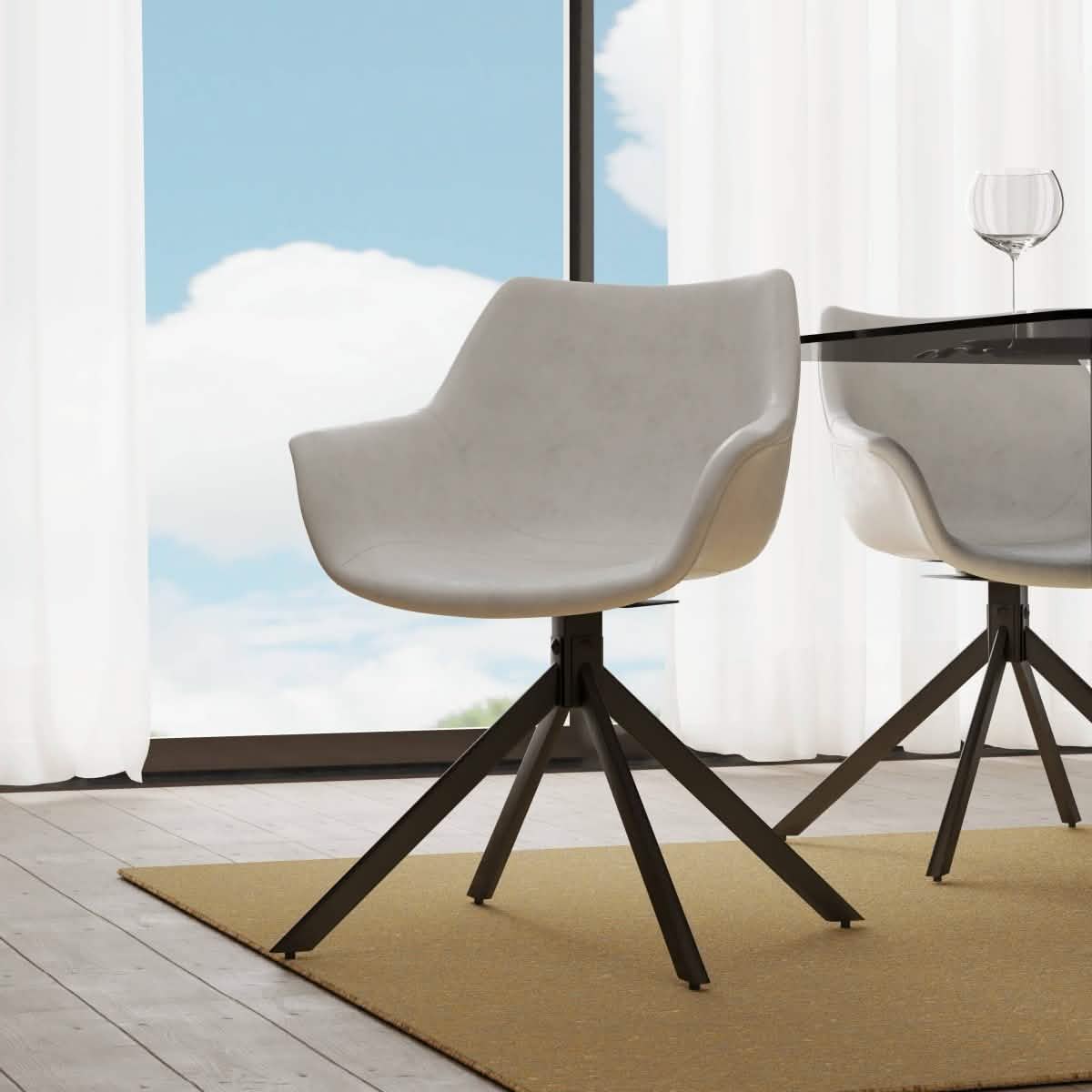 Markley Dining Chair Upholstered in Leather 360-Degree Swivel Armchair Light Grey Dining Chair Leisuremod