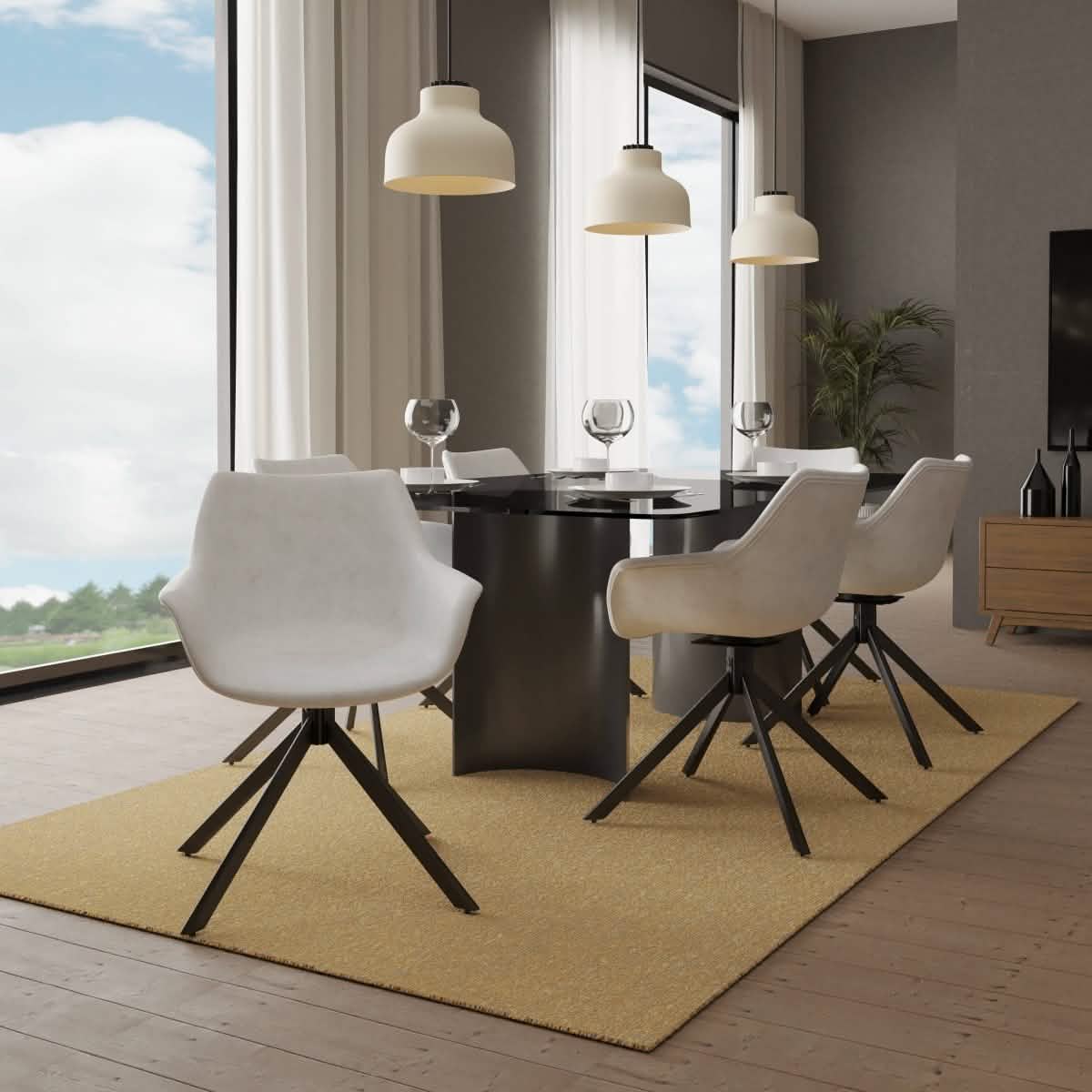 Markley Dining Chair Upholstered in Leather 360-Degree Swivel Armchair Light Grey Dining Chair Leisuremod