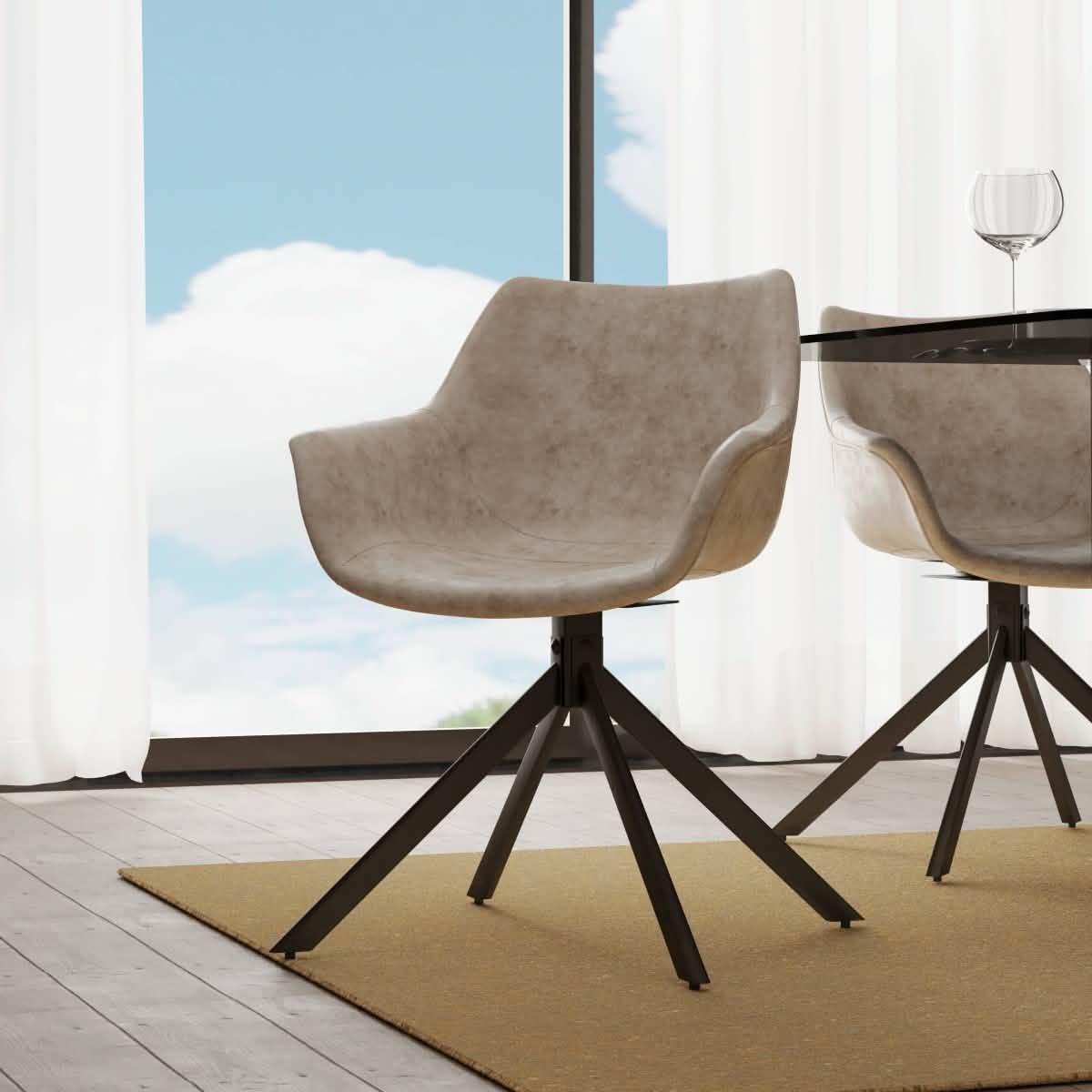 Markley Dining Chair Upholstered in Leather 360-Degree Swivel Armchair Taupe Dining Chair Leisuremod