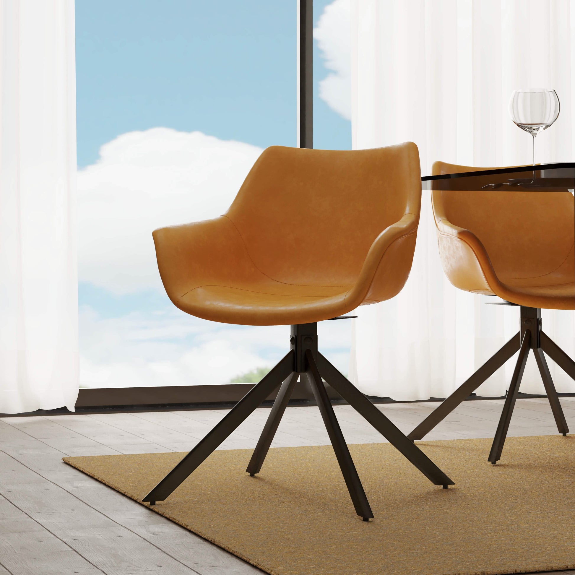 Markley Dining Chair Upholstered in Leather 360-Degree Swivel Armchair Light Brown Dining Chair Leisuremod