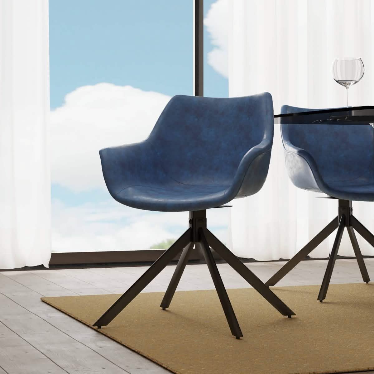 Markley Dining Chair Upholstered in Leather 360-Degree Swivel Armchair Light Blue Dining Chair Leisuremod