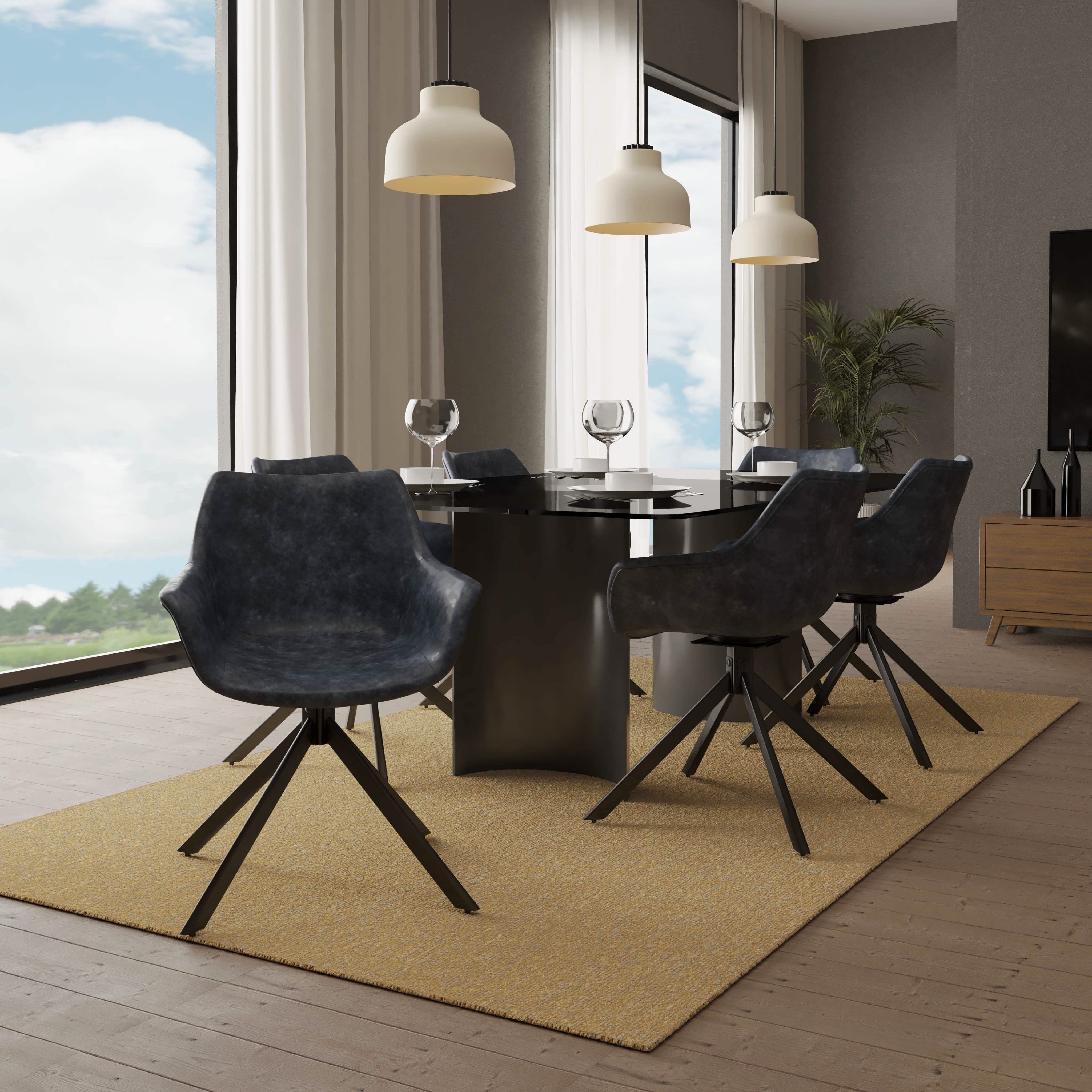 Markley Dining Chair Upholstered in Leather 360-Degree Swivel Armchair Black Dining Chair Leisuremod