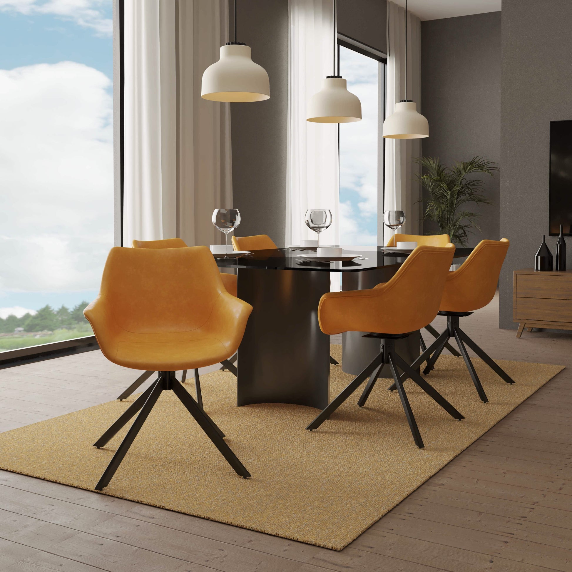 Markley Dining Chair Upholstered in Leather 360-Degree Swivel Armchair Light Brown Dining Chair Leisuremod