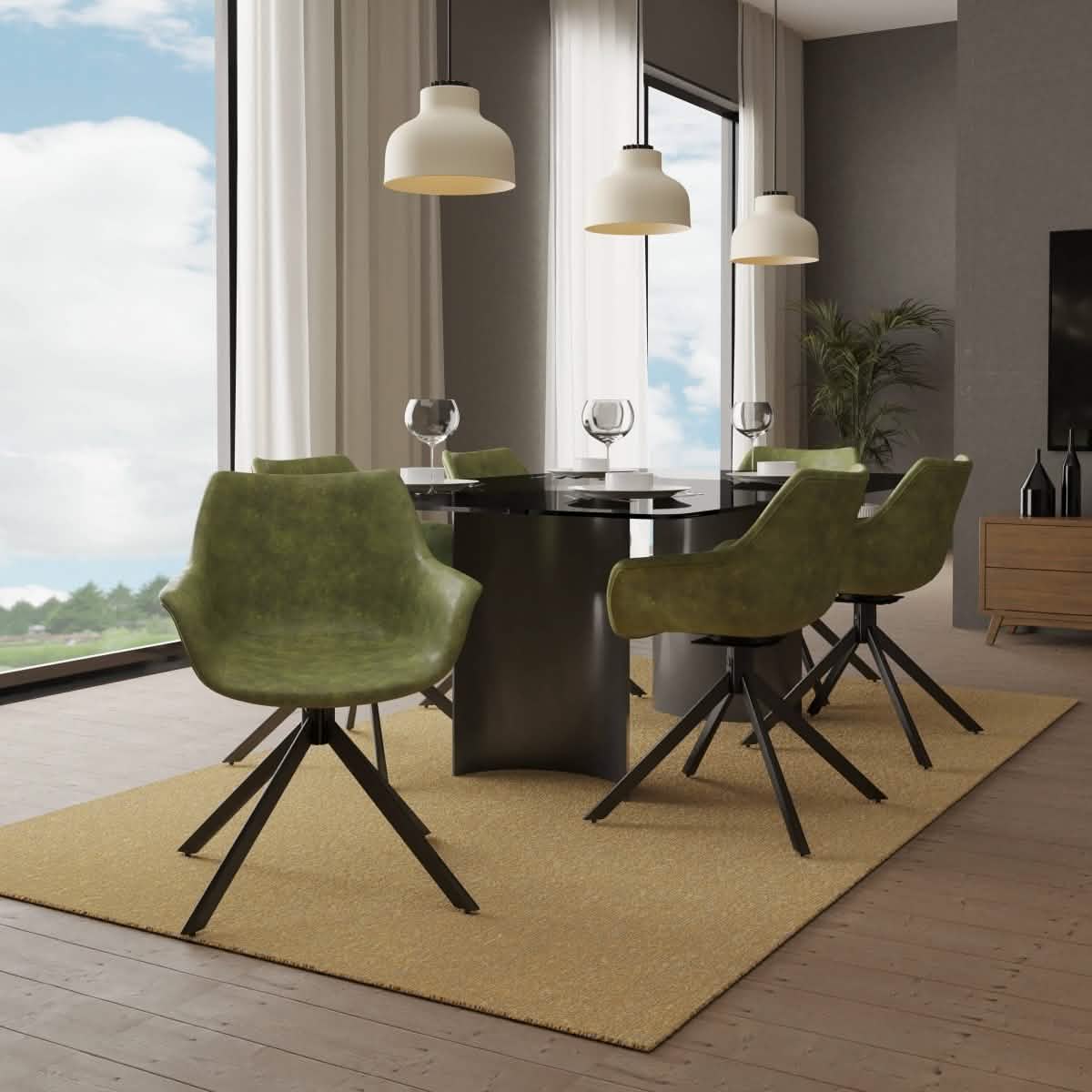 Markley Dining Chair Upholstered in Leather 360-Degree Swivel Armchair Green Dining Chair Leisuremod