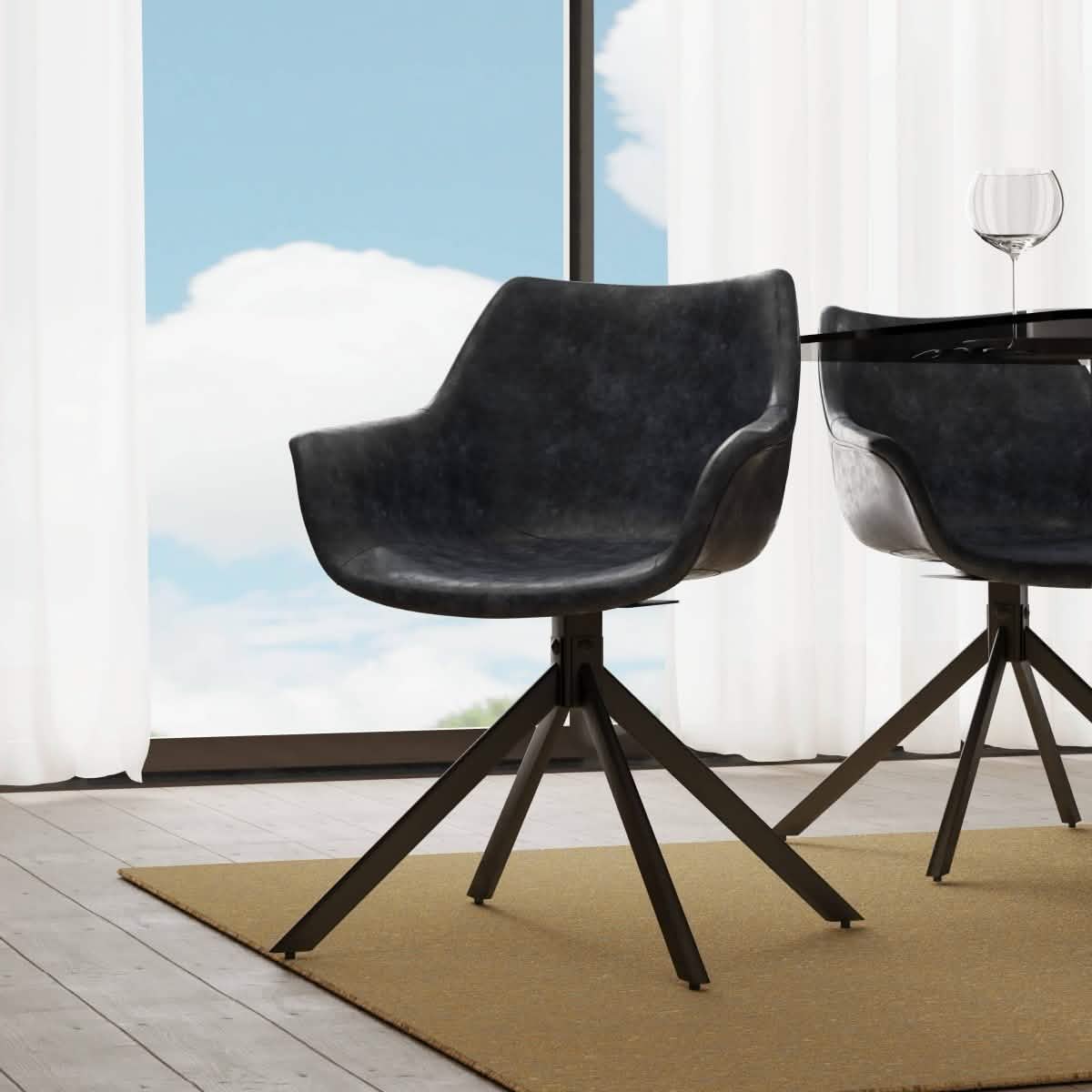 Markley Dining Chair Upholstered in Leather 360-Degree Swivel Armchair Black Dining Chair Leisuremod