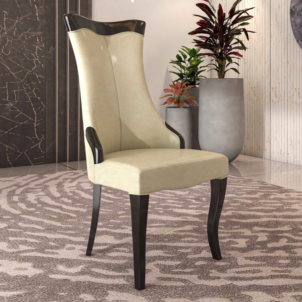 Novara Series Modern Dining Side Chair Upholstered in Leather/Velvet with Rubberwood Legs Light Cream Dining Chair Leisuremod