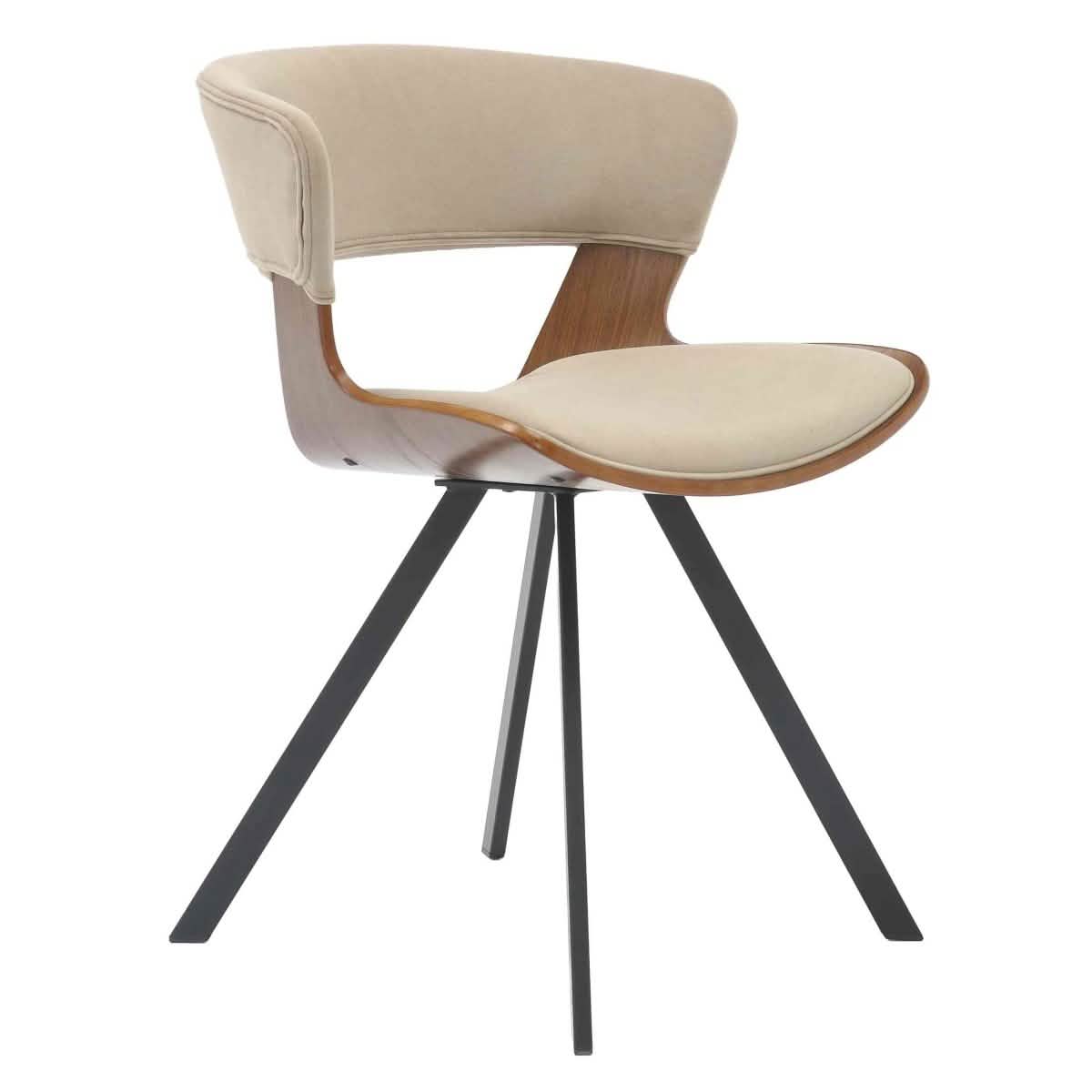 Nymia Upholstered Dining Chair With Saddle Seat Design and Iron Legs Walnut Light Brown Velvet Dining Chair Leisuremod