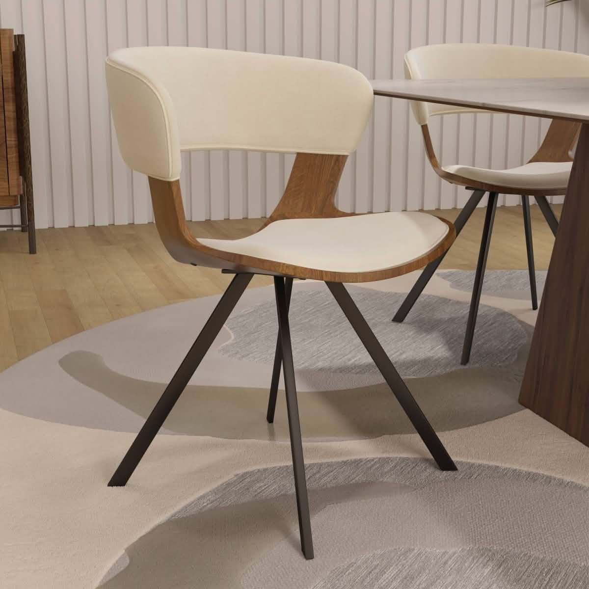 Nymia Upholstered Dining Chair With Saddle Seat Design and Iron Legs Walnut Beige Dining Chair Leisuremod