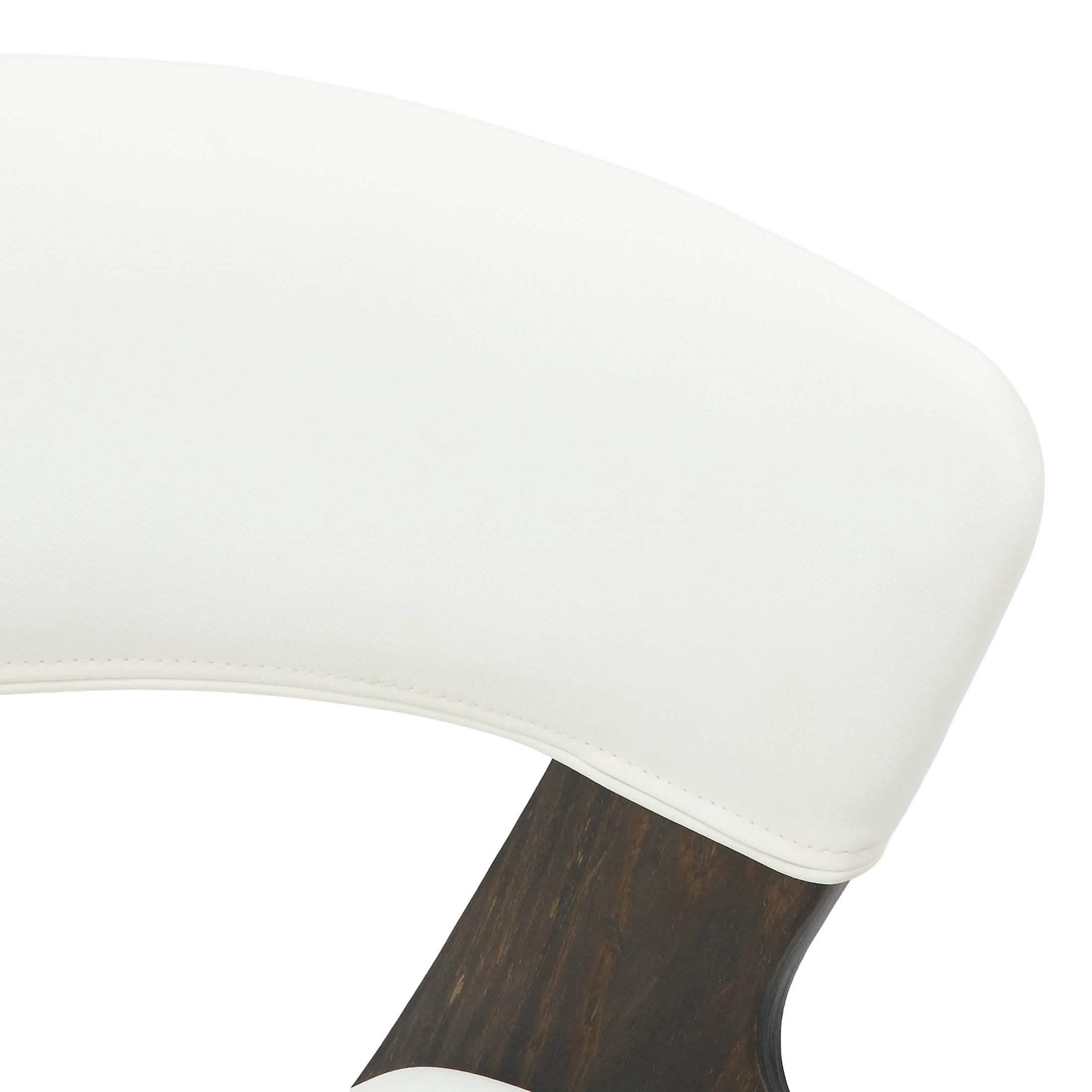 Nymia Upholstered Dining Chair With Saddle Seat Design and Iron Legs Dark Walnut White Dining Chair Leisuremod