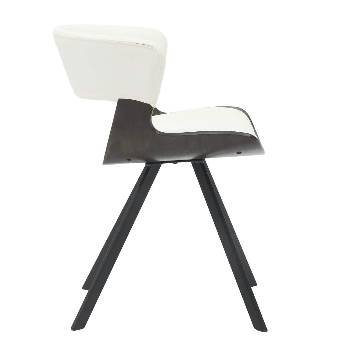 Nymia Upholstered Dining Chair With Saddle Seat Design and Iron Legs Dark Walnut White Dining Chair Leisuremod
