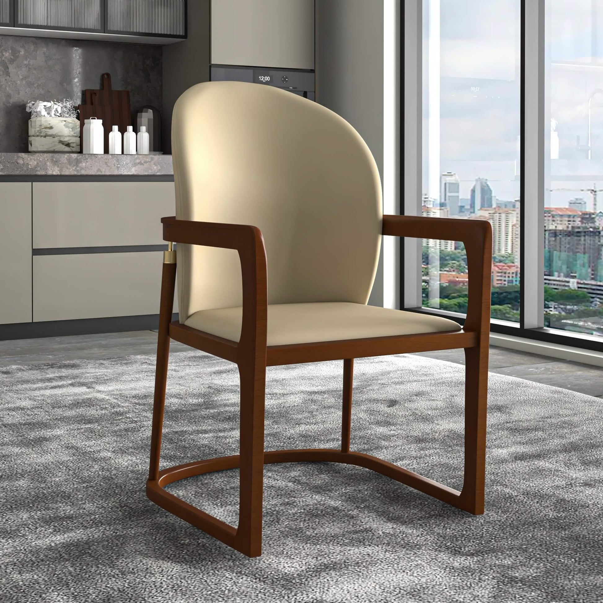 Svelta Dining Chair in Upholstered Leather Accent Arm Chair and Rubberwood Frame and Legs Toupe Dining Chair LeisureMod