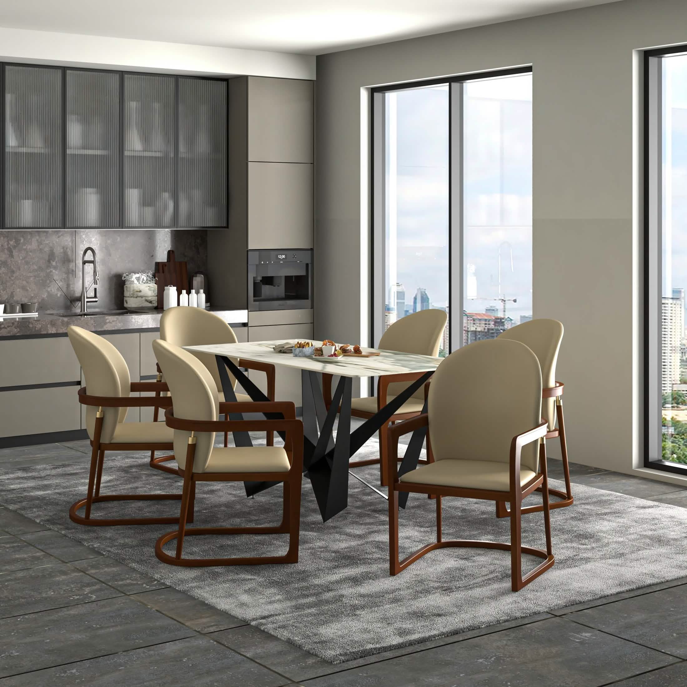 Svelta Dining Chair in Upholstered Leather Accent Arm Chair and Rubberwood Frame and Legs Toupe Dining Chair LeisureMod