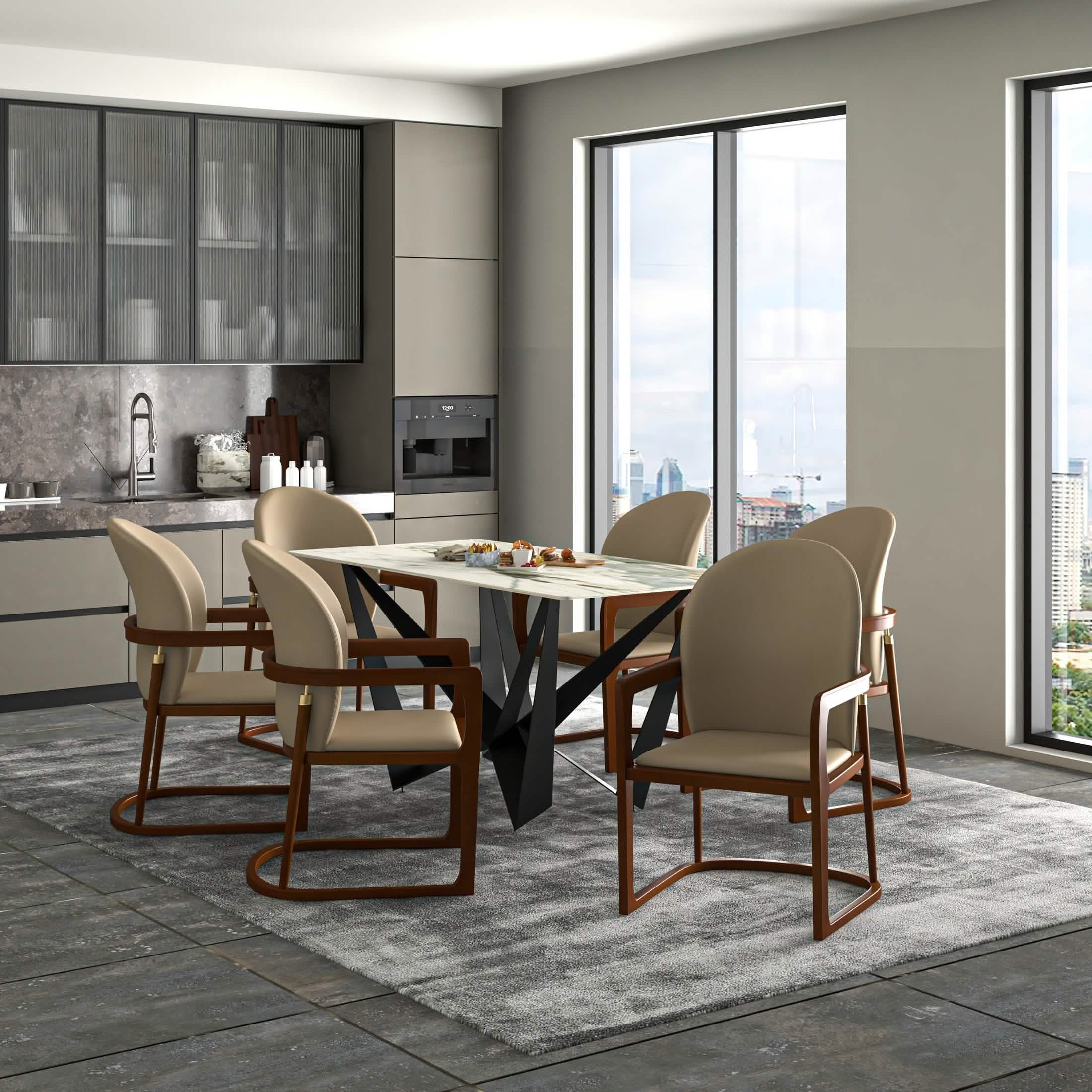 Svelta Dining Chair in Upholstered Leather Accent Arm Chair and Rubberwood Frame and Legs Dark Toupe Dining Chair LeisureMod