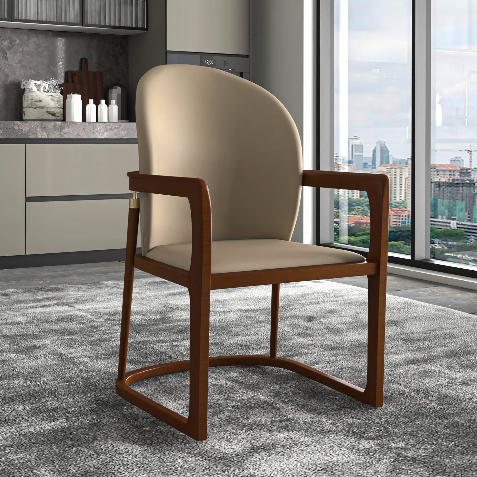 Svelta Dining Chair in Upholstered Leather Accent Arm Chair and Rubberwood Frame and Legs Dark Toupe Dining Chair LeisureMod