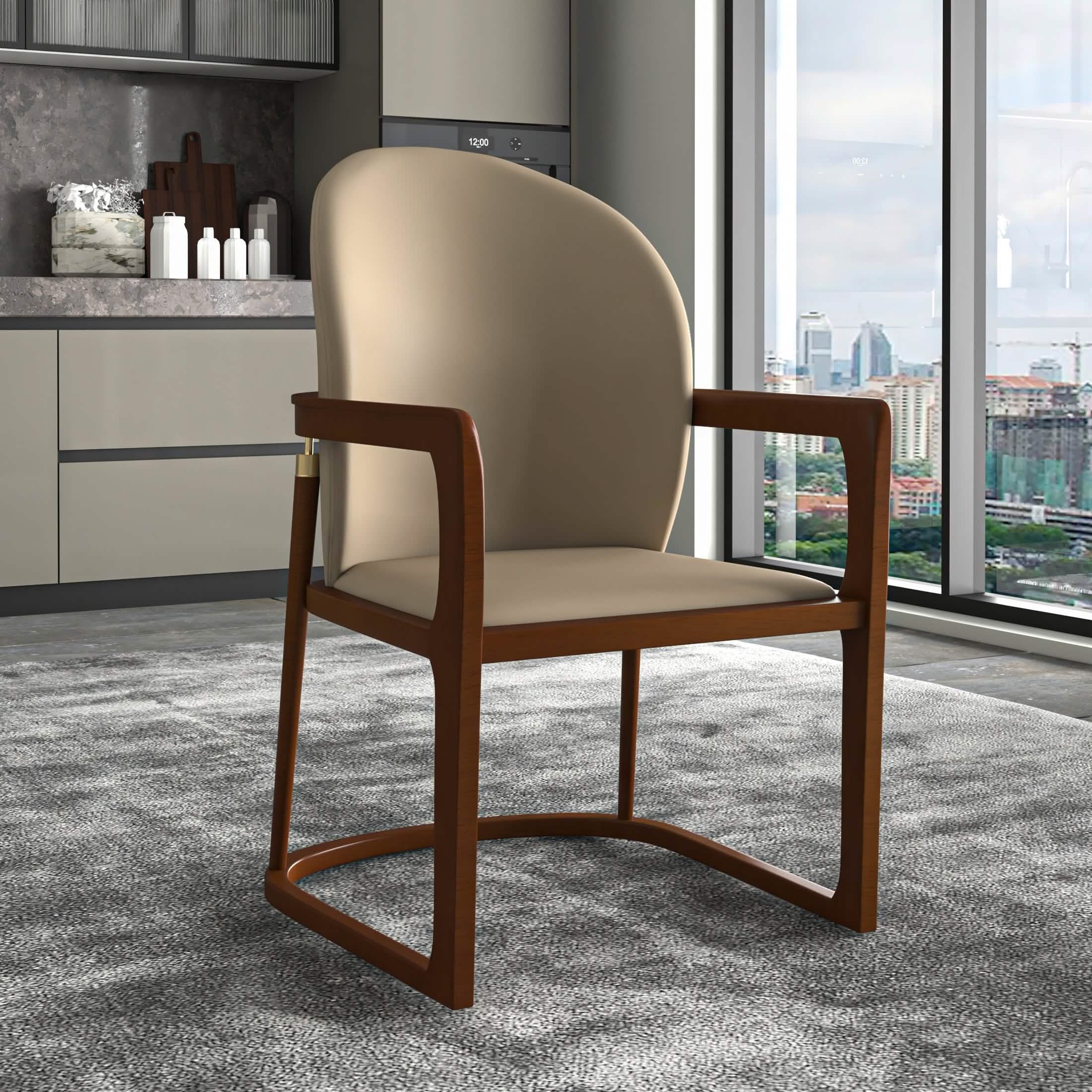 Svelta Dining Chair in Upholstered Leather Accent Arm Chair and Rubberwood Frame and Legs Dark Toupe Dining Chair LeisureMod