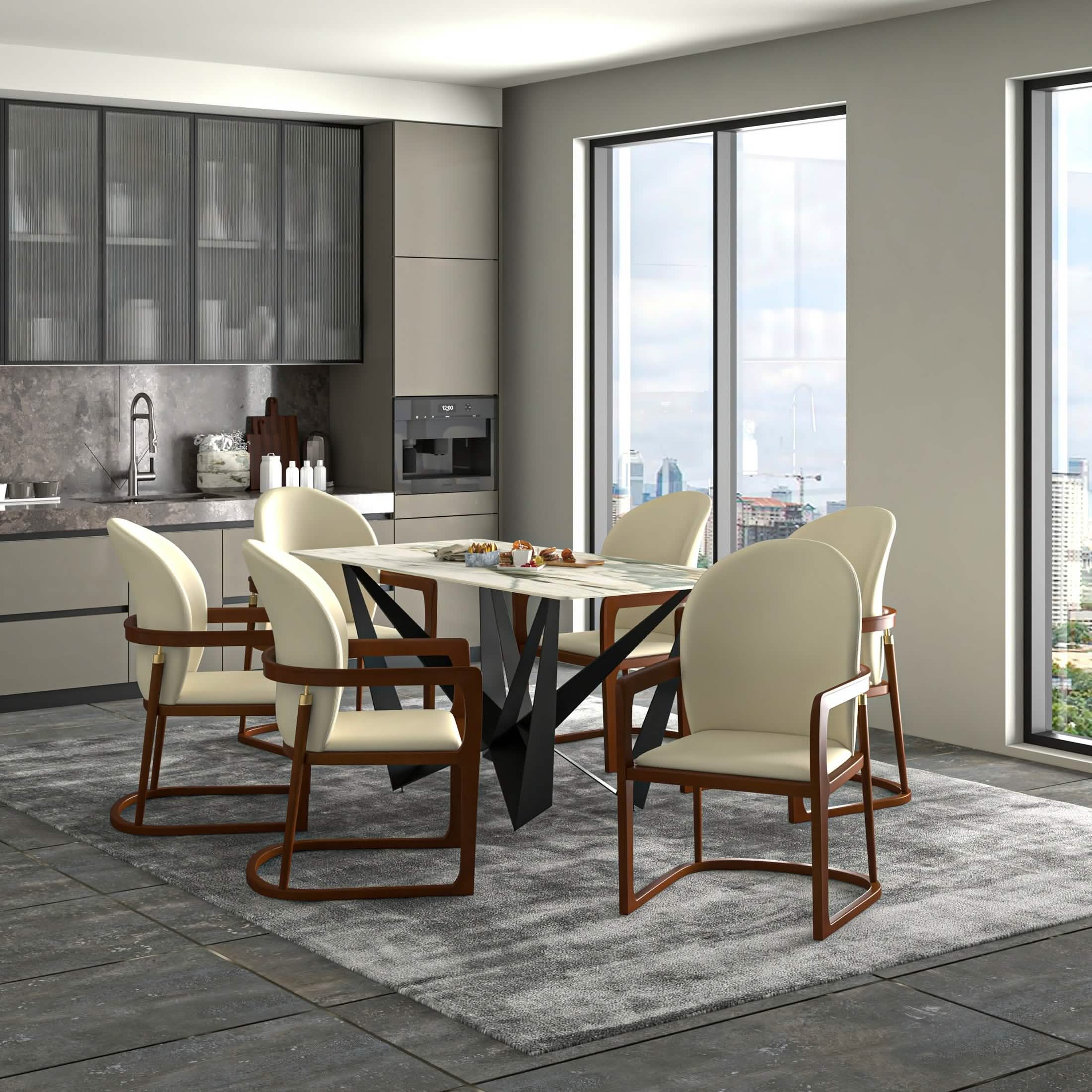 Svelta Dining Chair in Upholstered Leather Accent Arm Chair and Rubberwood Frame and Legs Cream Dining Chair LeisureMod