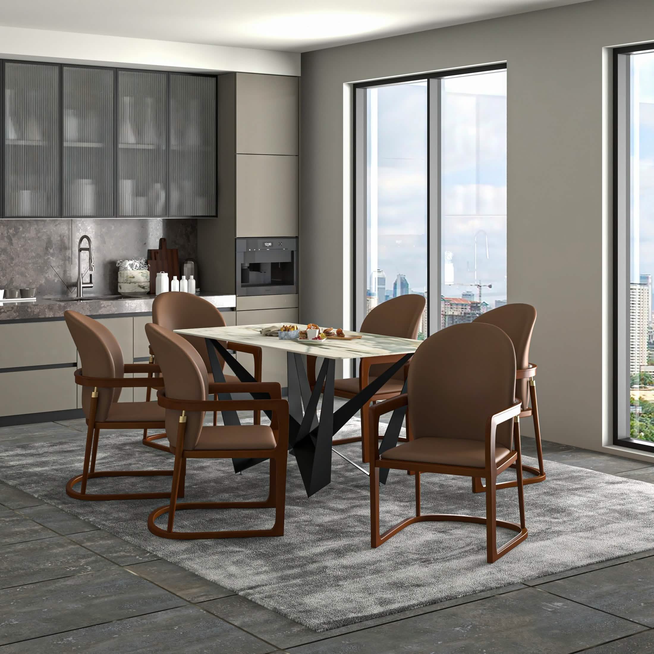 Svelta Dining Chair in Upholstered Leather Accent Arm Chair and Rubberwood Frame and Legs Brown Dining Chair LeisureMod