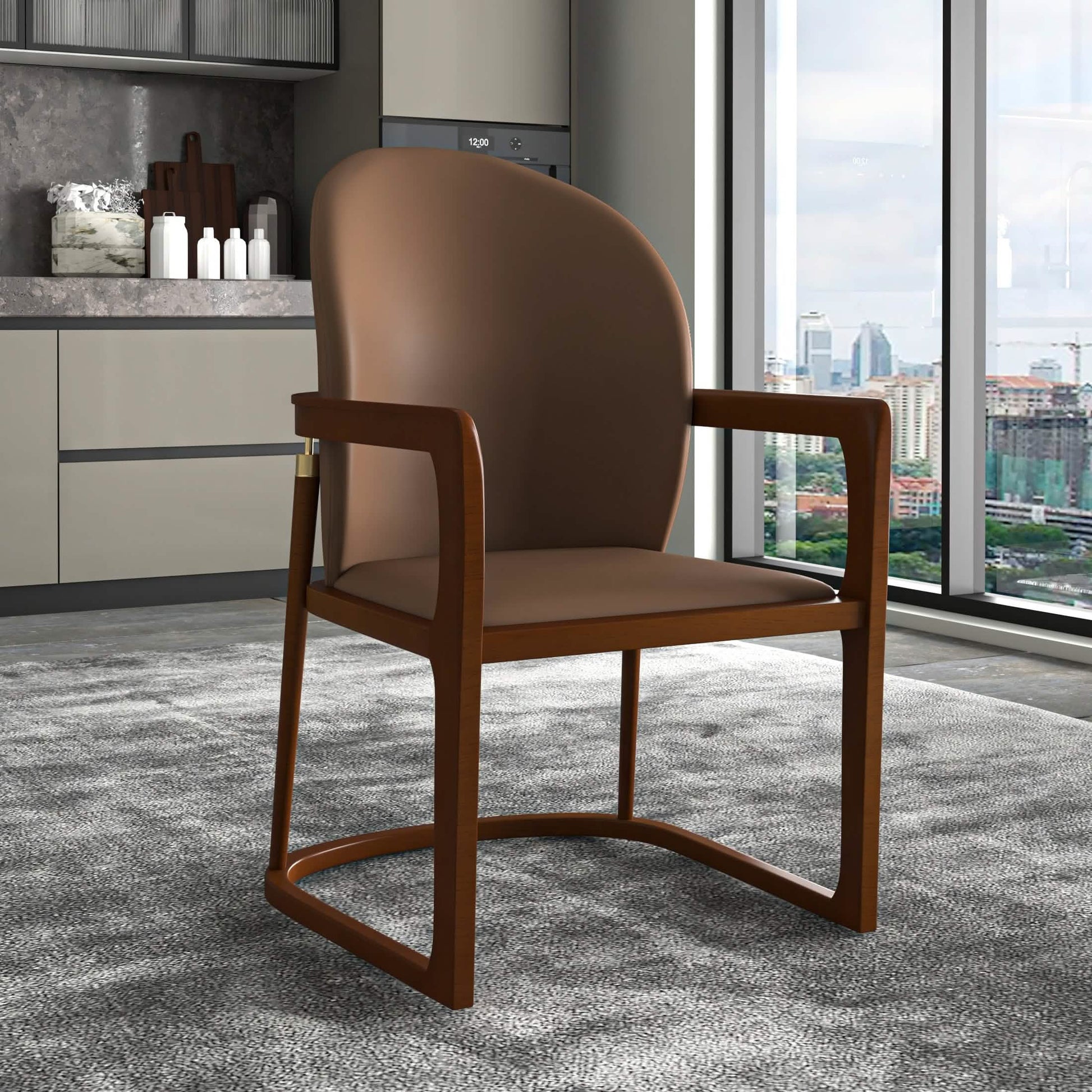 Svelta Dining Chair in Upholstered Leather Accent Arm Chair and Rubberwood Frame and Legs Brown Dining Chair LeisureMod