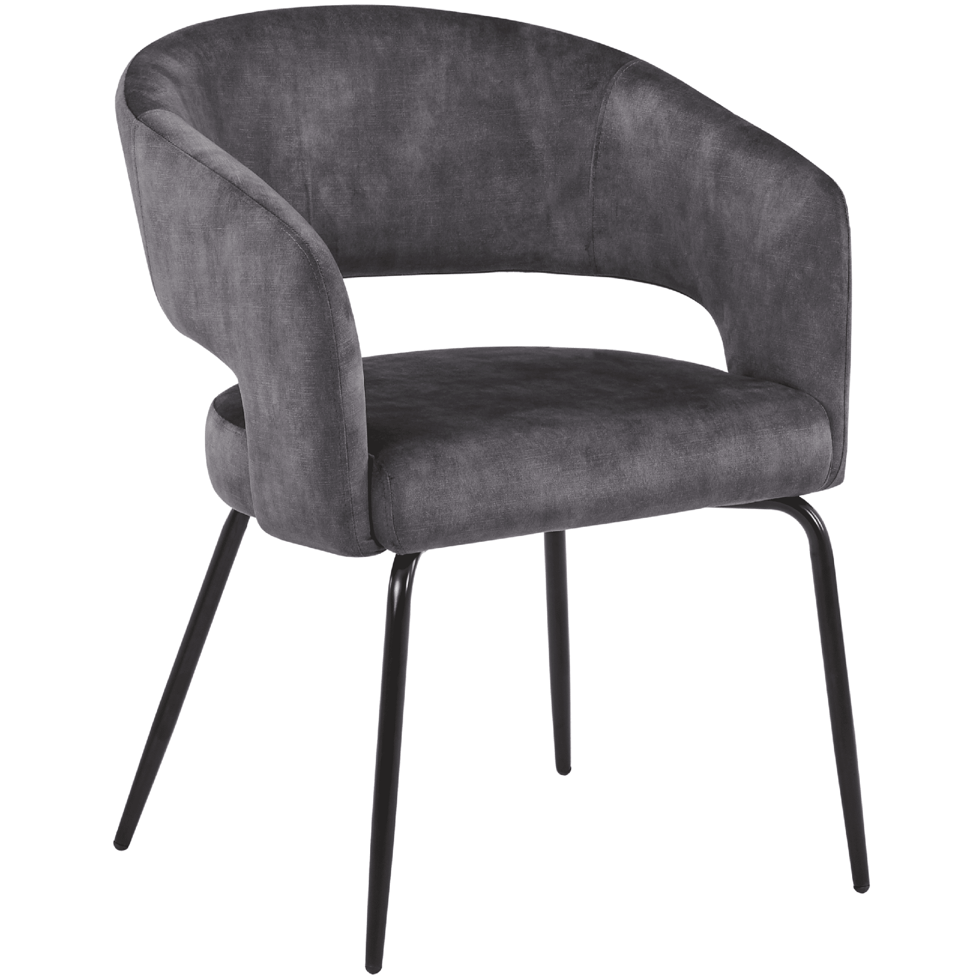 Gavin Dining Chair Upholstered in Leather/Velvet with Open Curved Backrest in Black Iron Velvet Charcoal Dining Chair Leisuremod