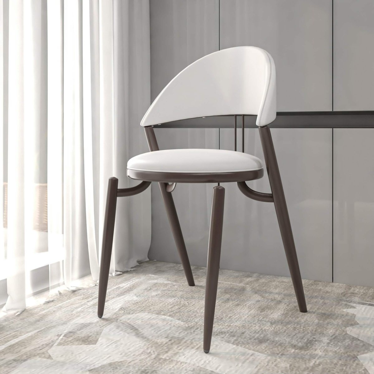 Venice Dining Chair Upholstered Leather in Iron With an Open Curved Back Design White Dining Chair Leisuremod