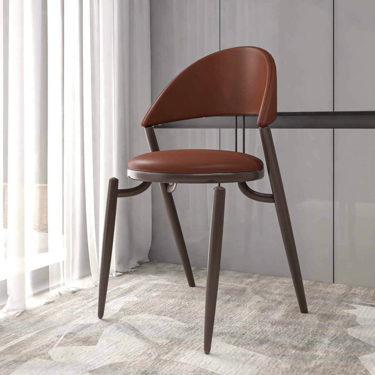 Venice Dining Chair Upholstered Leather in Iron With an Open Curved Back Design Dark Brown Dining Chair Leisuremod