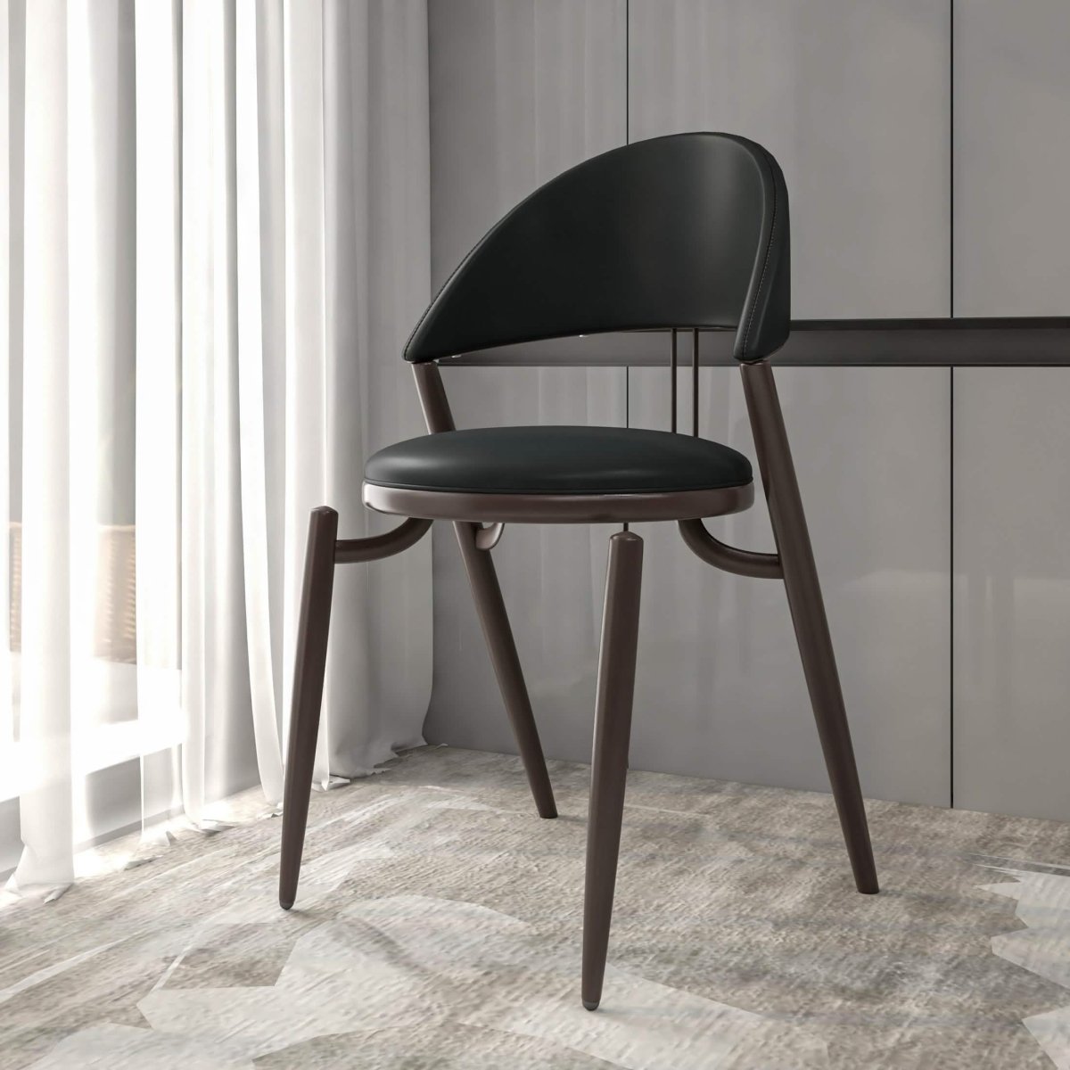 Venice Dining Chair Upholstered Leather in Iron With an Open Curved Back Design Black Dining Chair Leisuremod