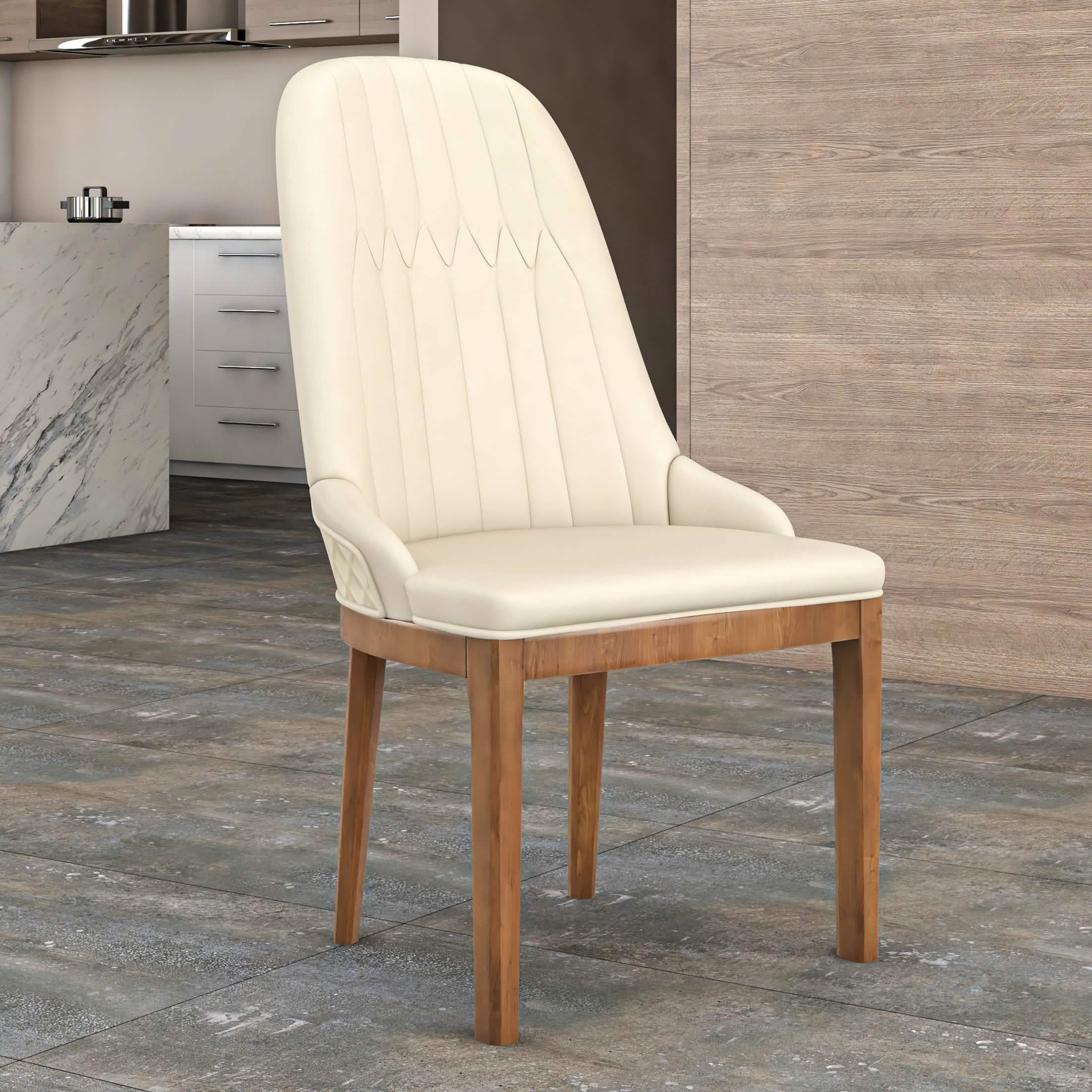 Verisma Dining Chair Upholstered in Leather with Diamond Stitching Back Design Light Toupe Dining Chair Leisuremod