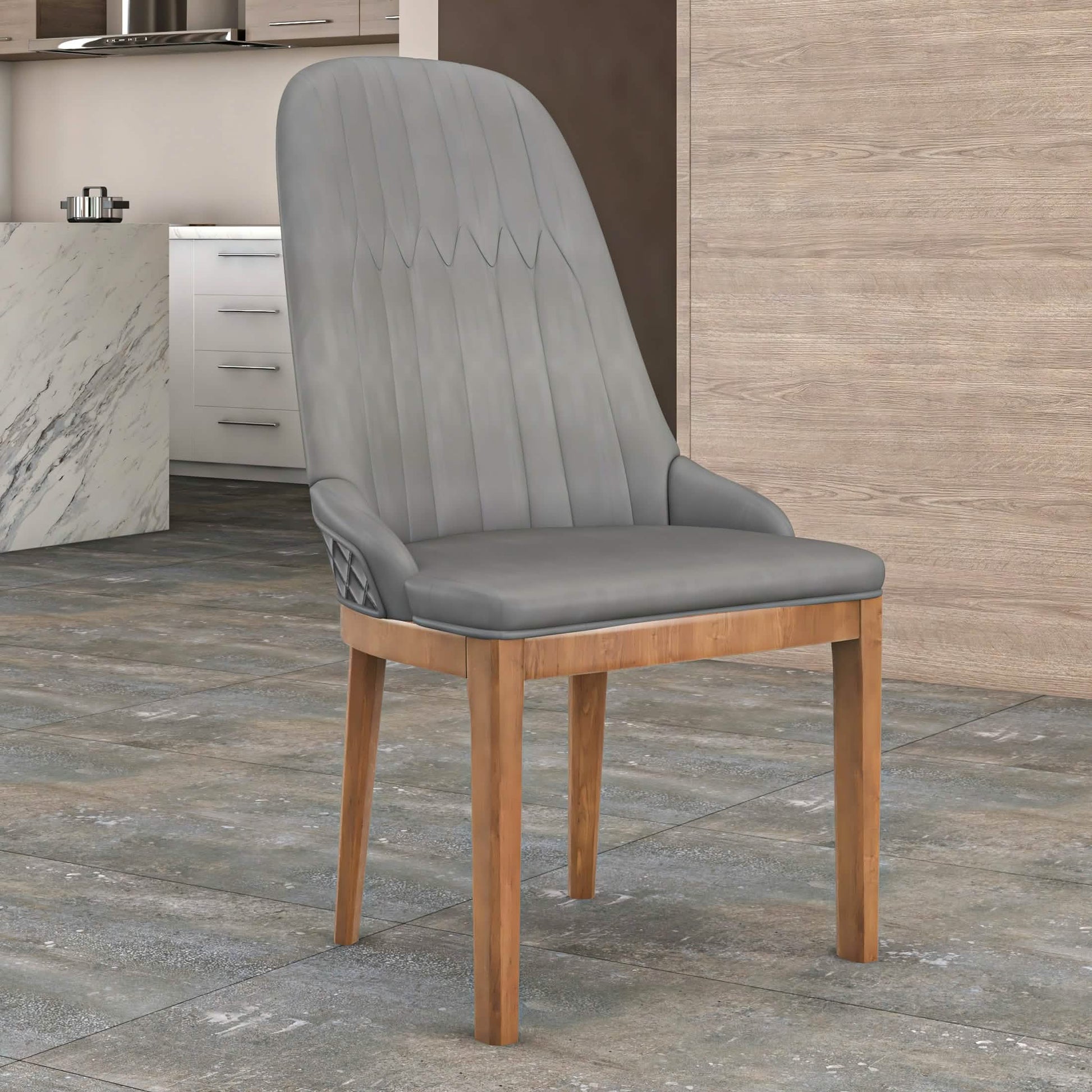 Verisma Dining Chair Upholstered in Leather with Diamond Stitching Back Design Grey Dining Chair Leisuremod