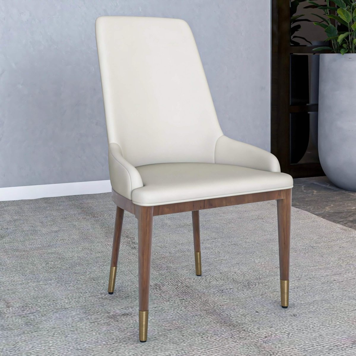 Viva Dining Side Chair Upholstered in Leather with Brown Rubberwood Legs Taupe Dining Chair Leisuremod
