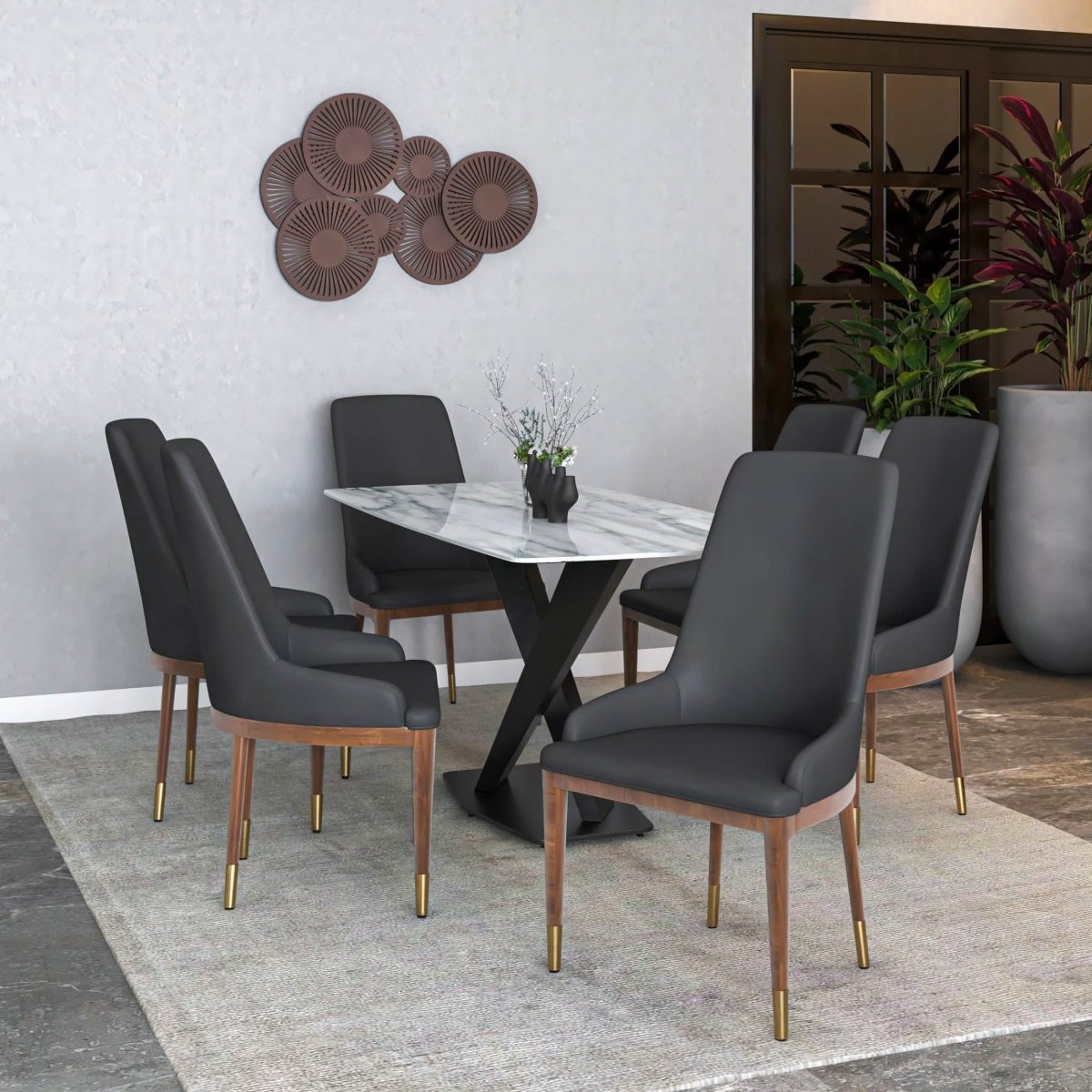 Viva Dining Side Chair Upholstered in Leather with Brown Rubberwood Legs Dark Grey Dining Chair Leisuremod