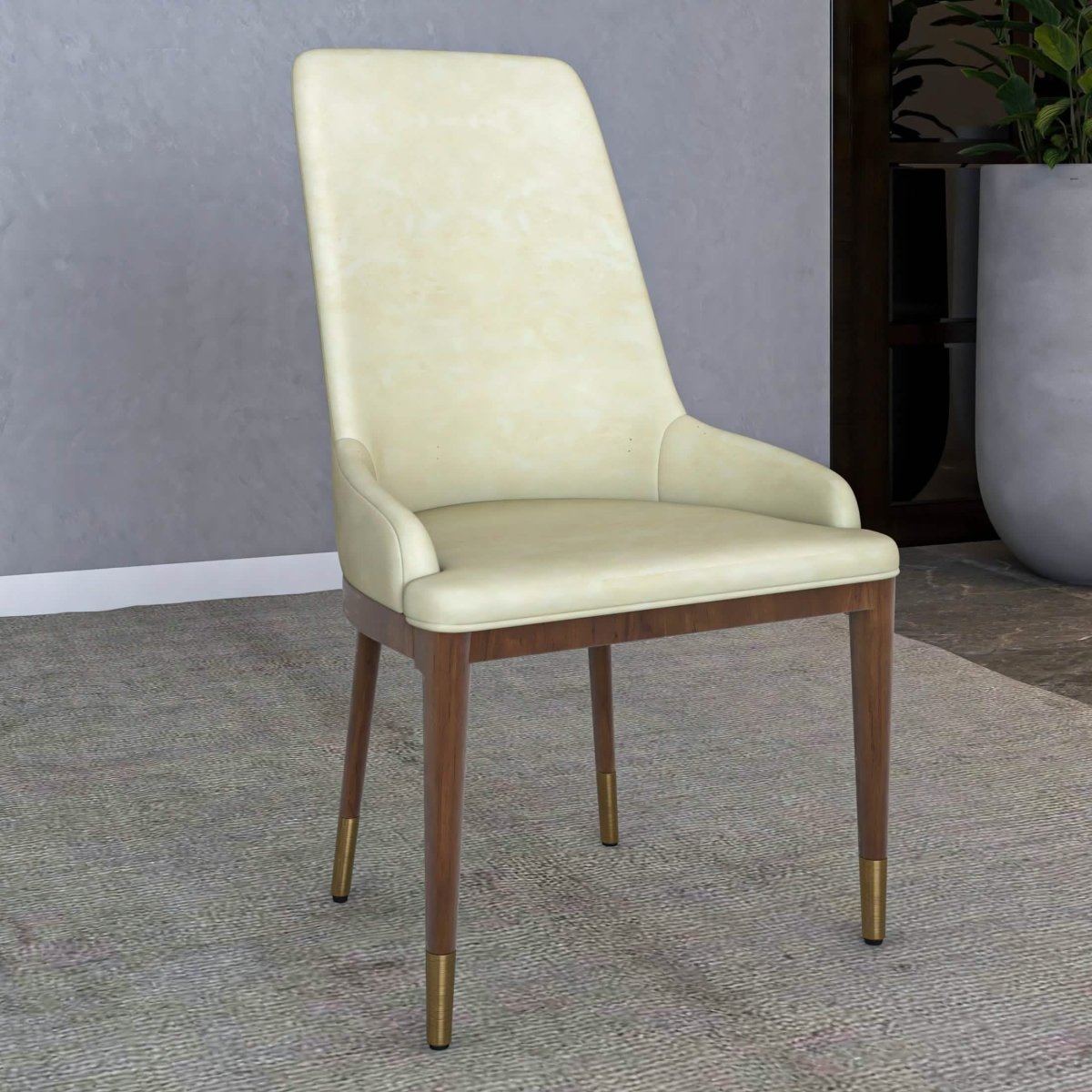 Viva Dining Side Chair Upholstered in Leather with Brown Rubberwood Legs Cream Dining Chair Leisuremod