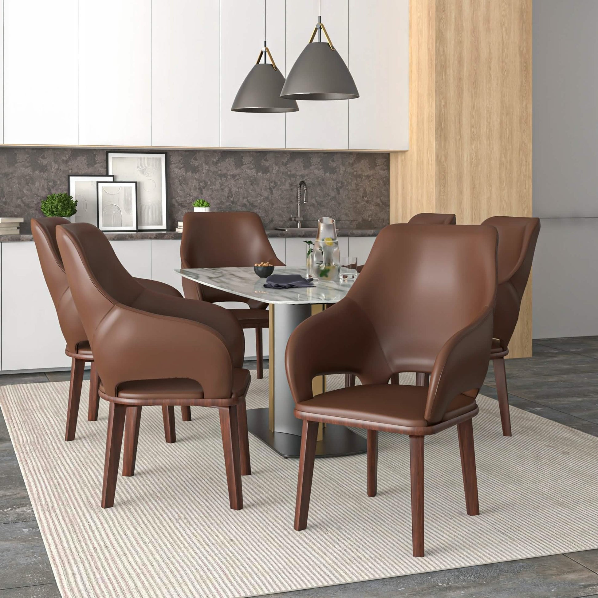 Vivara Dining Chair Upholstered in Leather with Rubberwood Base Dark Brown Dining Chair Leisuremod