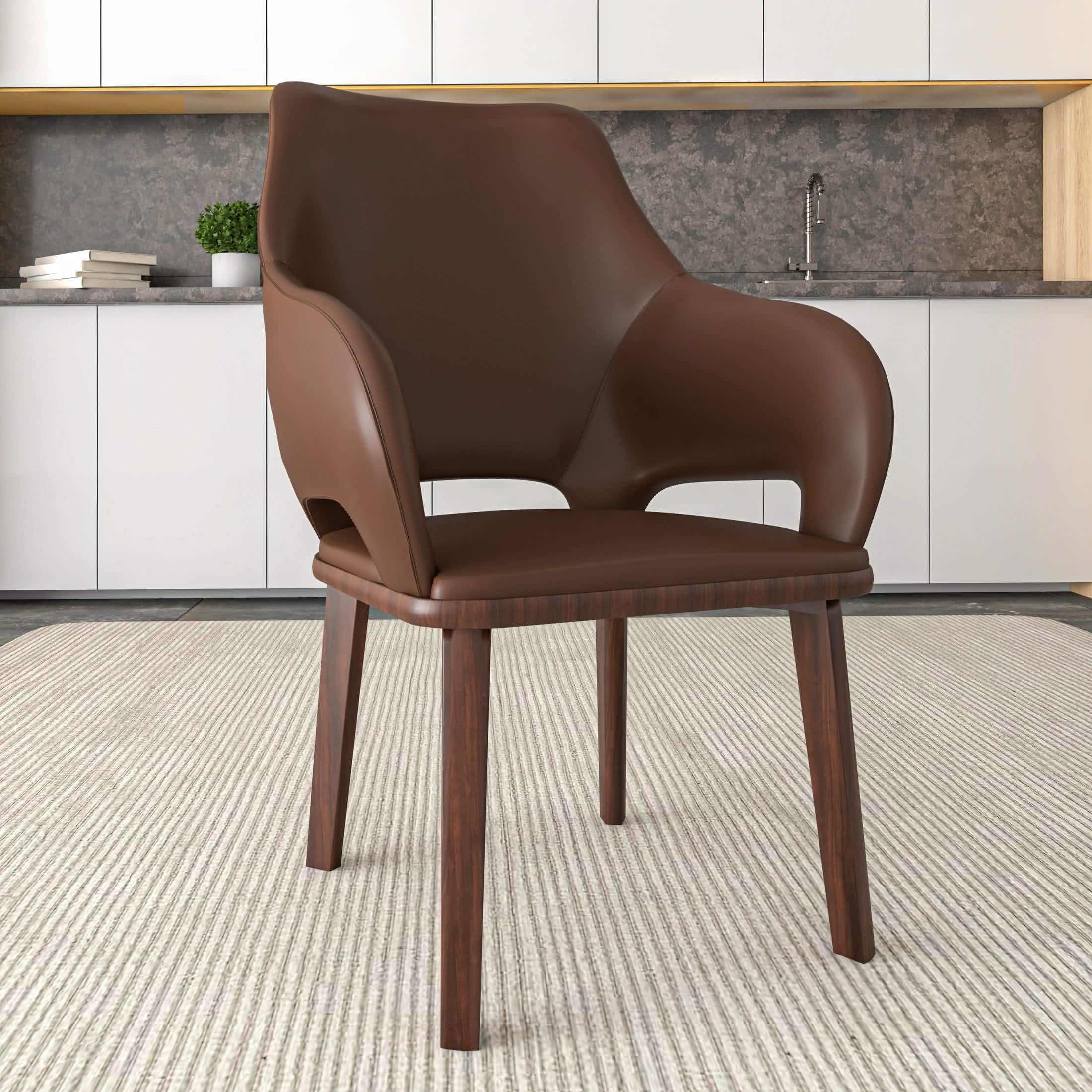 Vivara Dining Chair Upholstered in Leather with Rubberwood Base Dark Brown Dining Chair Leisuremod