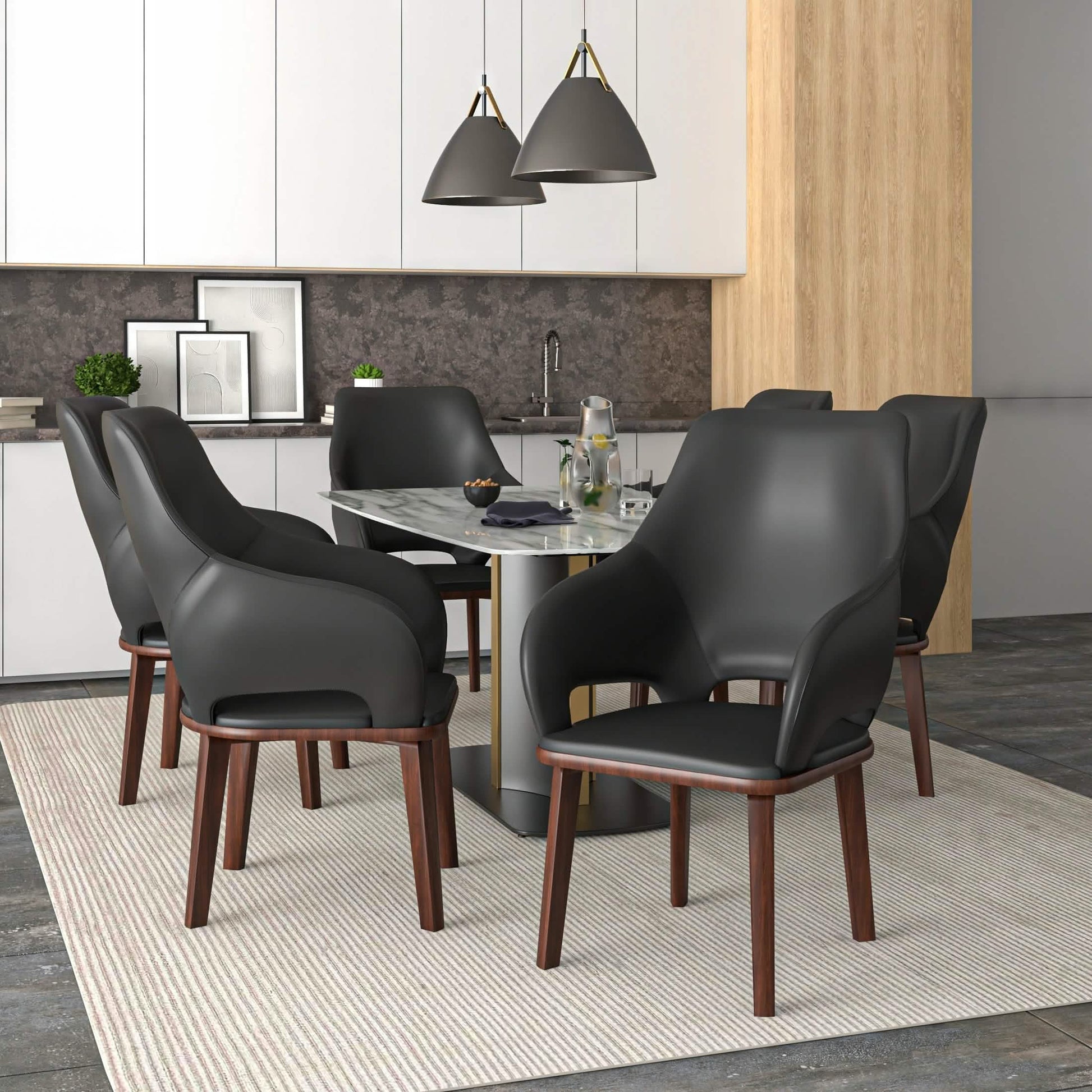Vivara Dining Chair Upholstered in Leather with Rubberwood Base Dark Grey Dining Chair Leisuremod