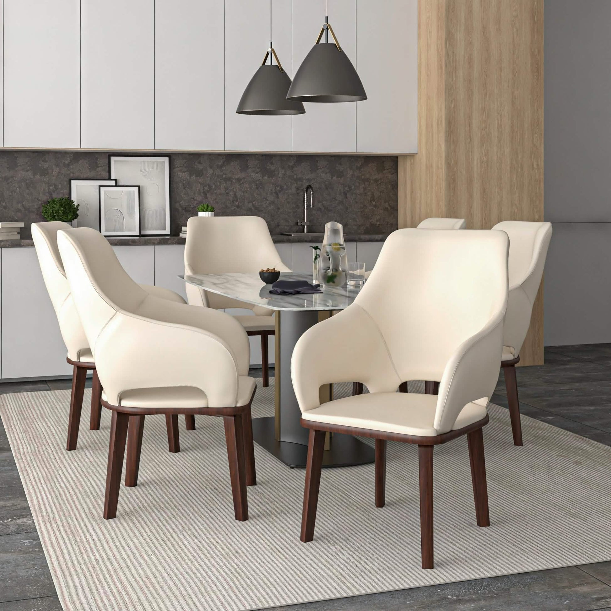 Vivara Dining Chair Upholstered in Leather with Rubberwood Base Off White Dining Chair Leisuremod