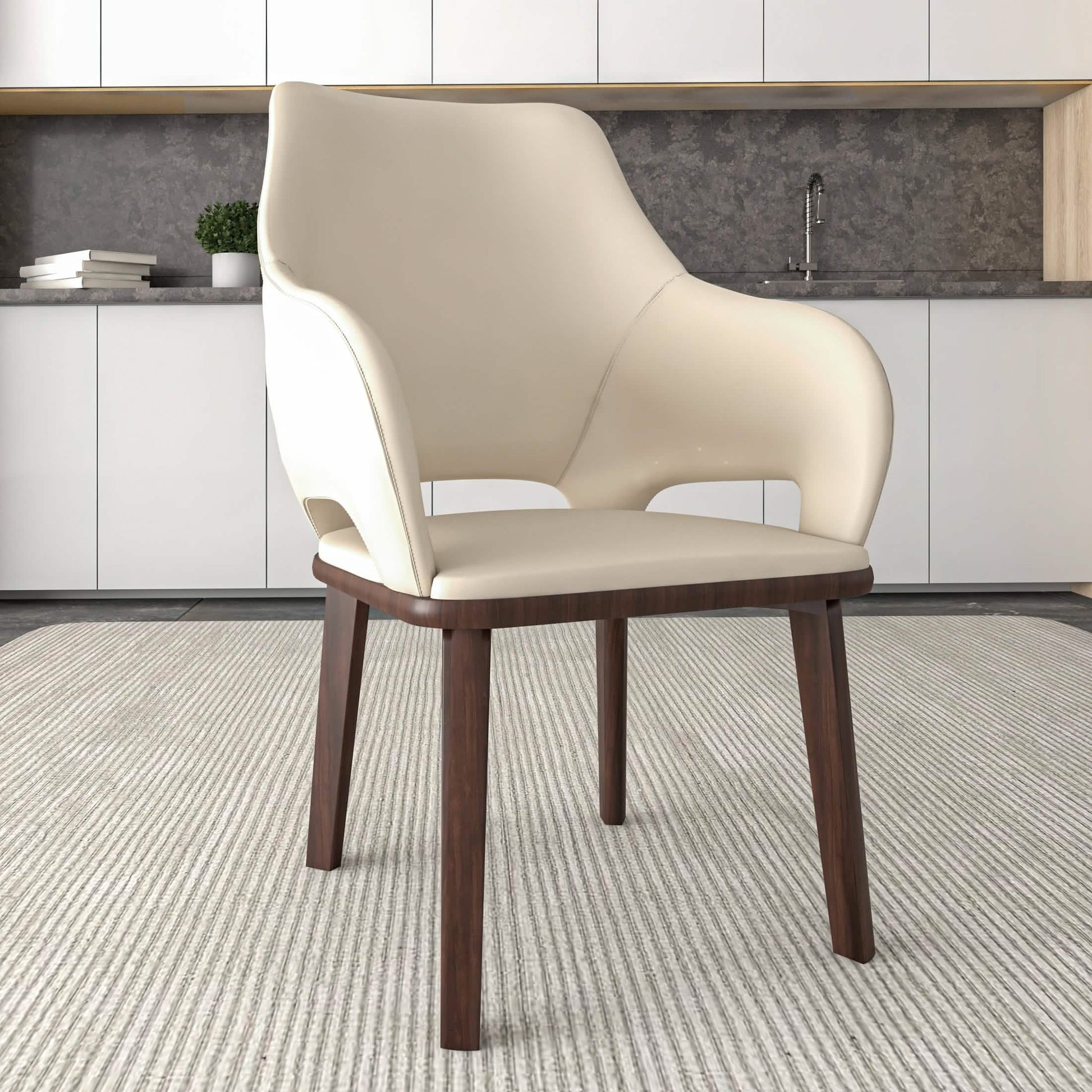 Vivara Dining Chair Upholstered in Leather with Rubberwood Base Off White Dining Chair Leisuremod