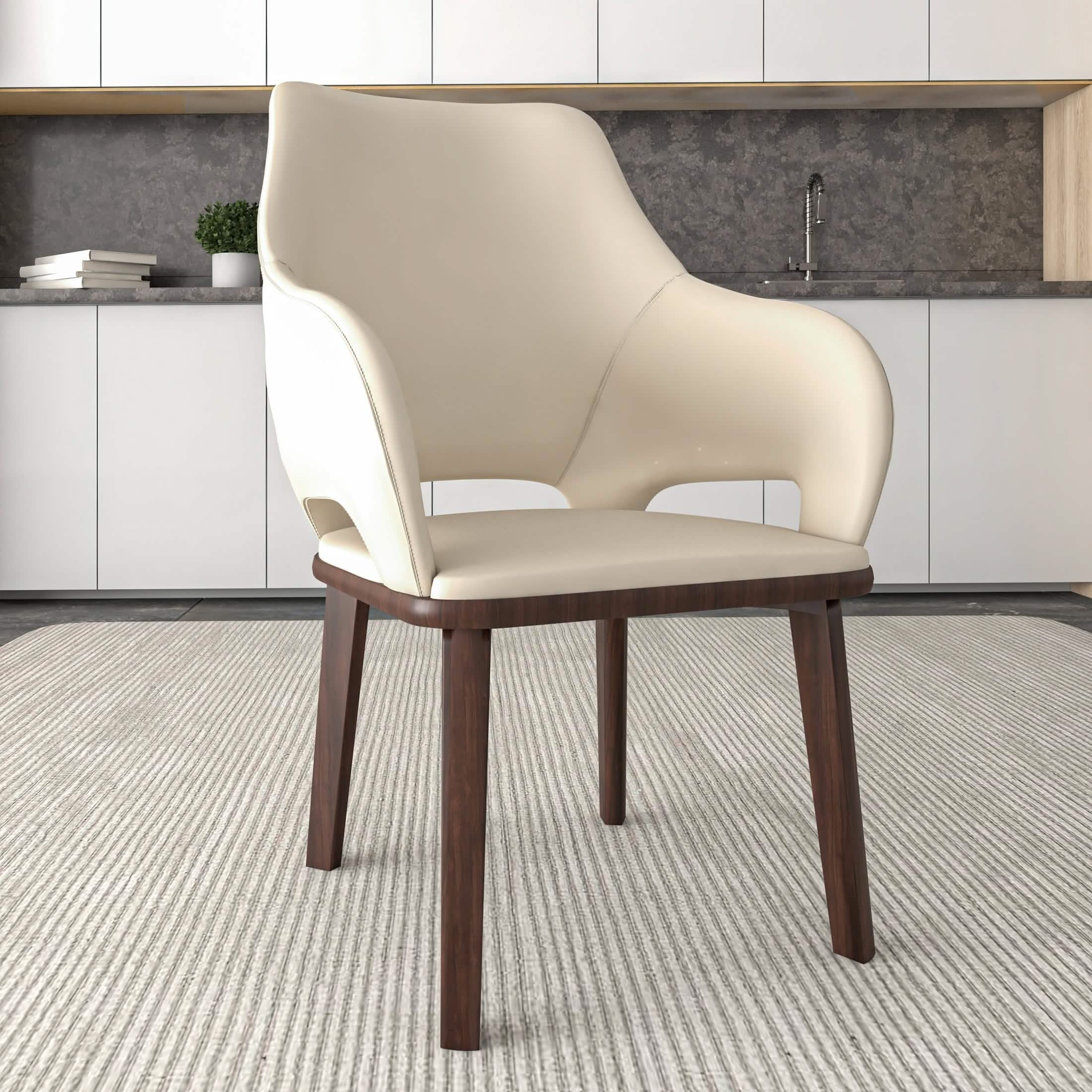 Vivara Dining Chair Upholstered in Leather with Rubberwood Base Off White Dining Chair Leisuremod