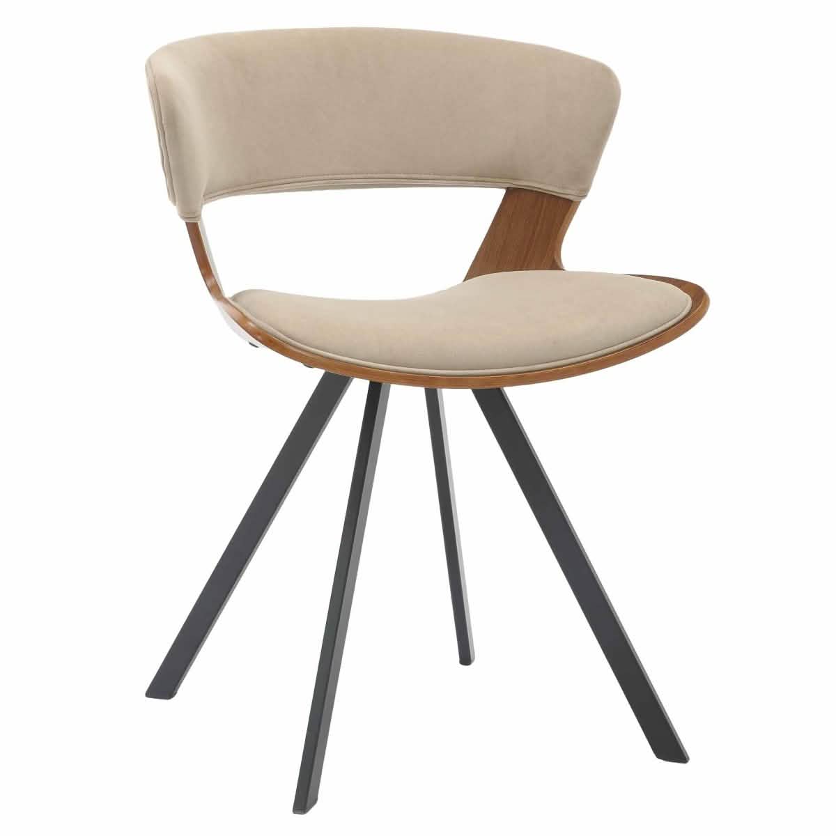 Nymia Upholstered Dining Chair With Saddle Seat Design and Iron Legs Walnut Light Brown Velvet Dining Chair Leisuremod