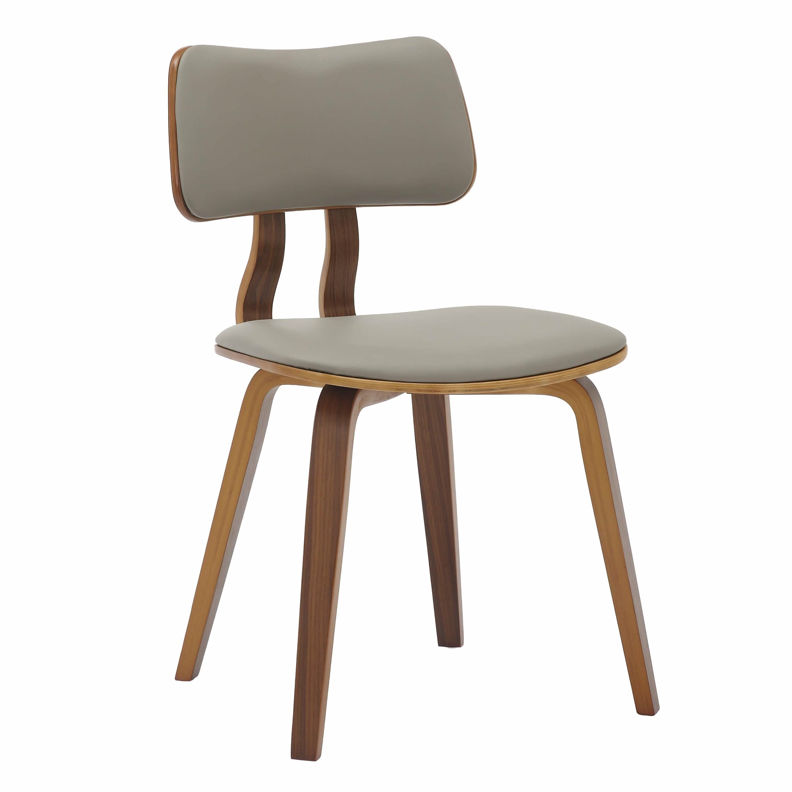 Clivo Modern Wooden Dining Chair Upholstered in Leather With Walnut Color Frame Walnut Light Grey Dining Chair Leisuremod