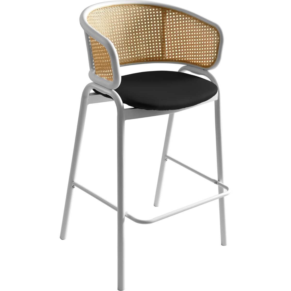 Ervilla Wicker Bar Stool with Leather Seat and Black/White Stainless Steel Frame White Black Dining Chair Leisuremod