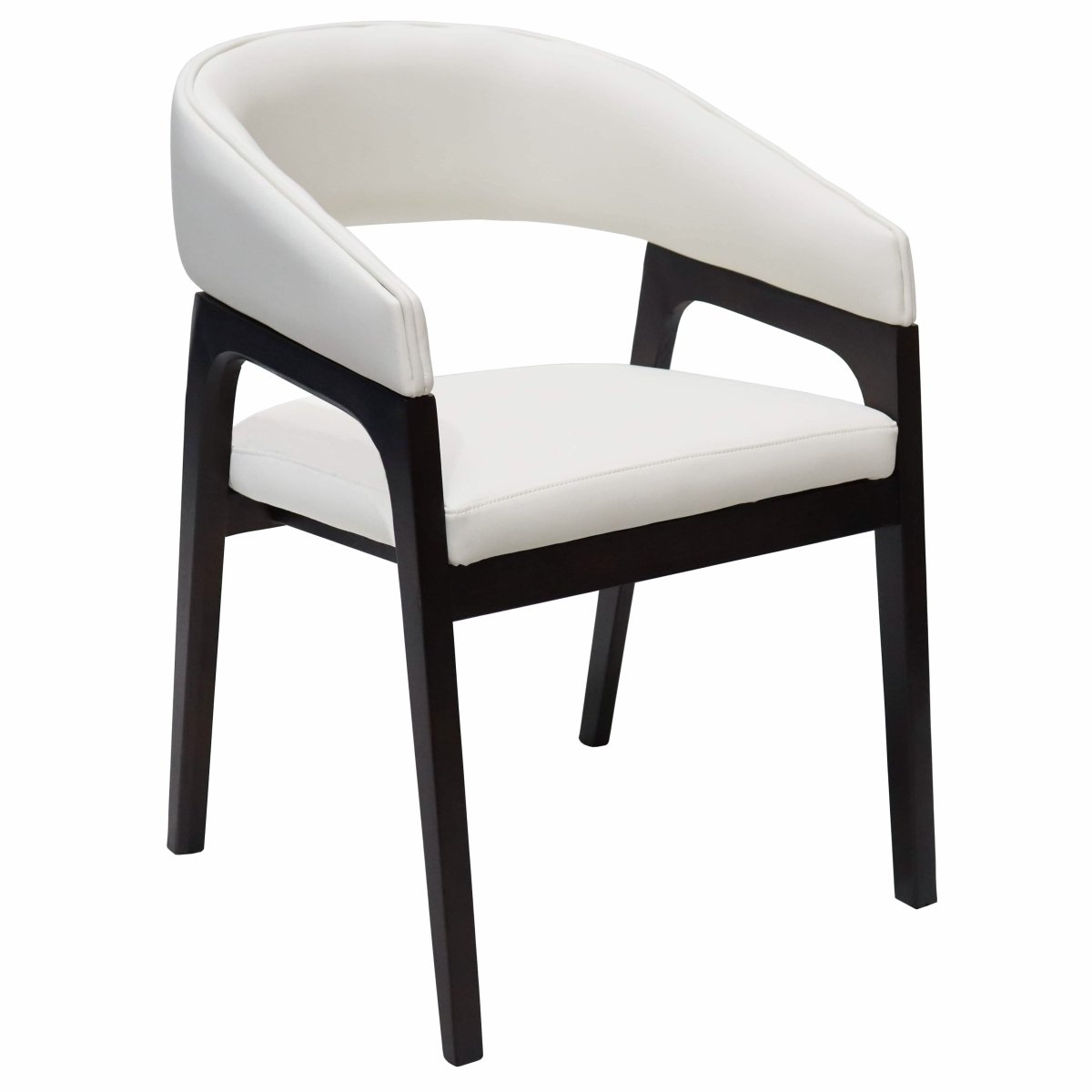 Leisuremod Dining Chair White Cali Leather Dining Arm Chair With Rubberwood Legs and Open Back Design