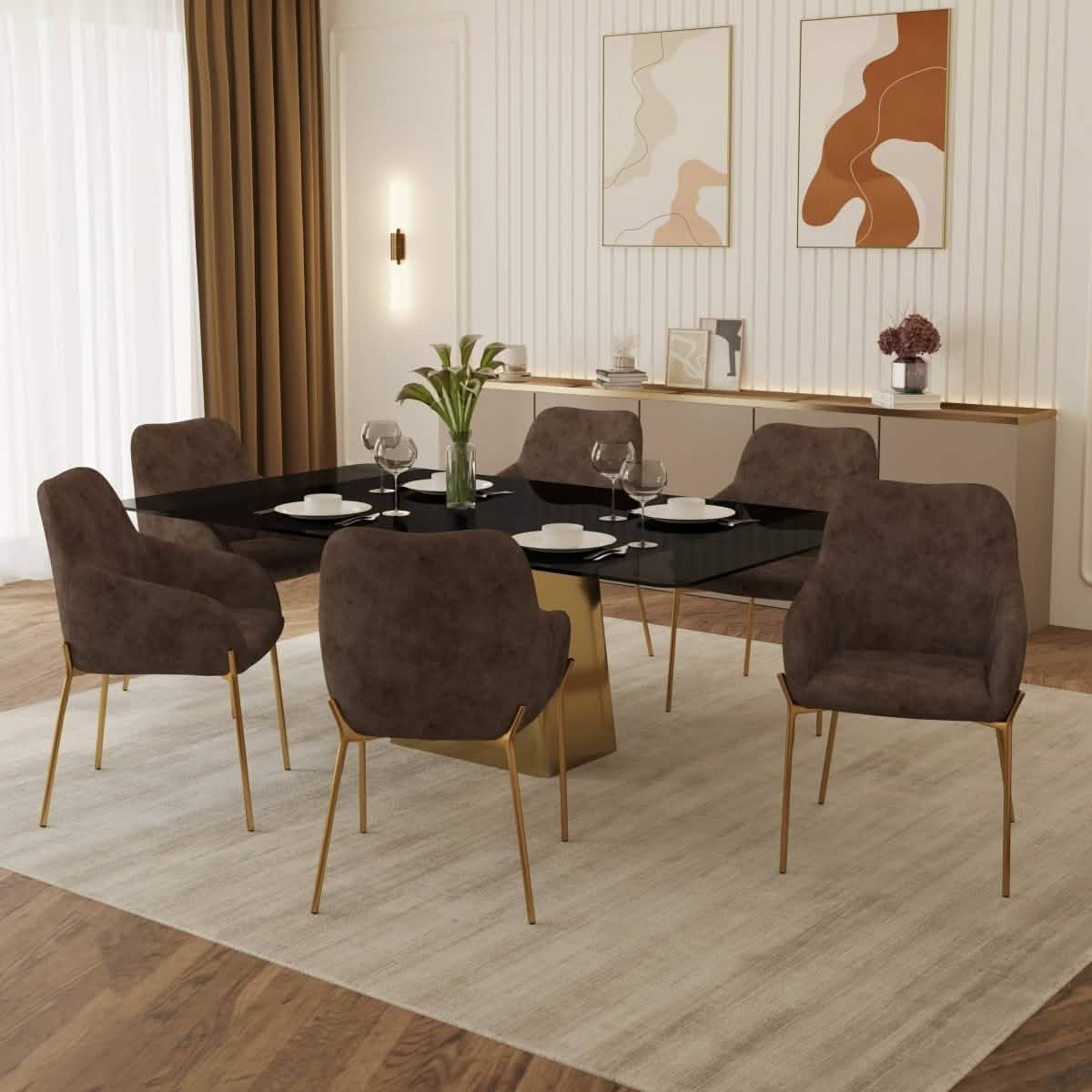 Zaire Upholsters Dining Chair in Velvet/Leather/Boucle with Gold Chrome Iron Fabric Charcoal Dining Chair Leisuremod