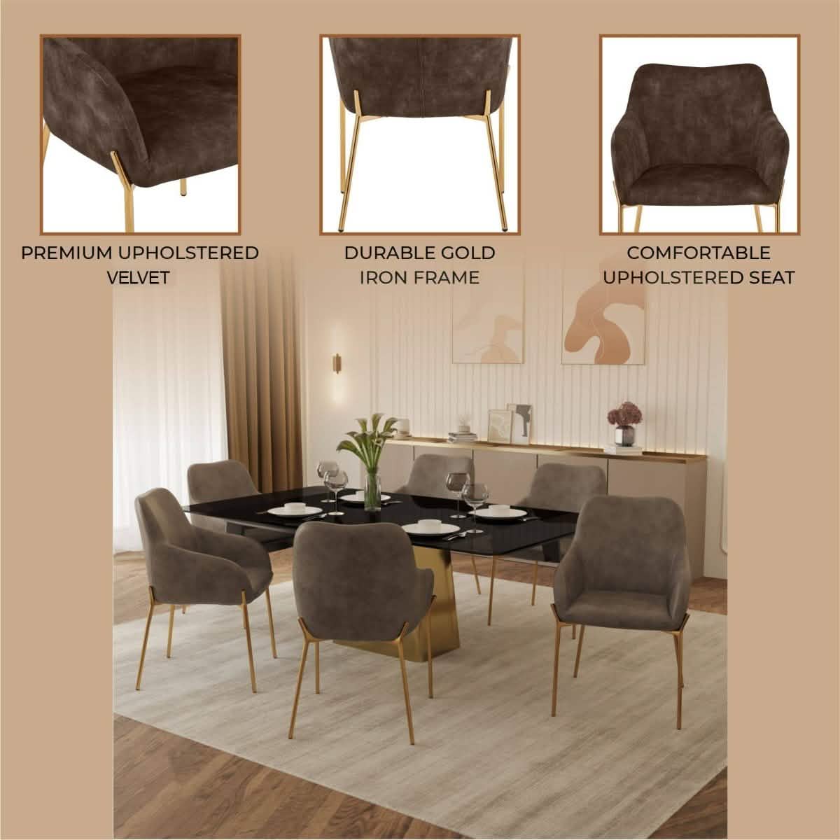 Zaire Upholsters Dining Chair in Velvet/Leather/Boucle with Gold Chrome Iron Fabric Charcoal Dining Chair Leisuremod