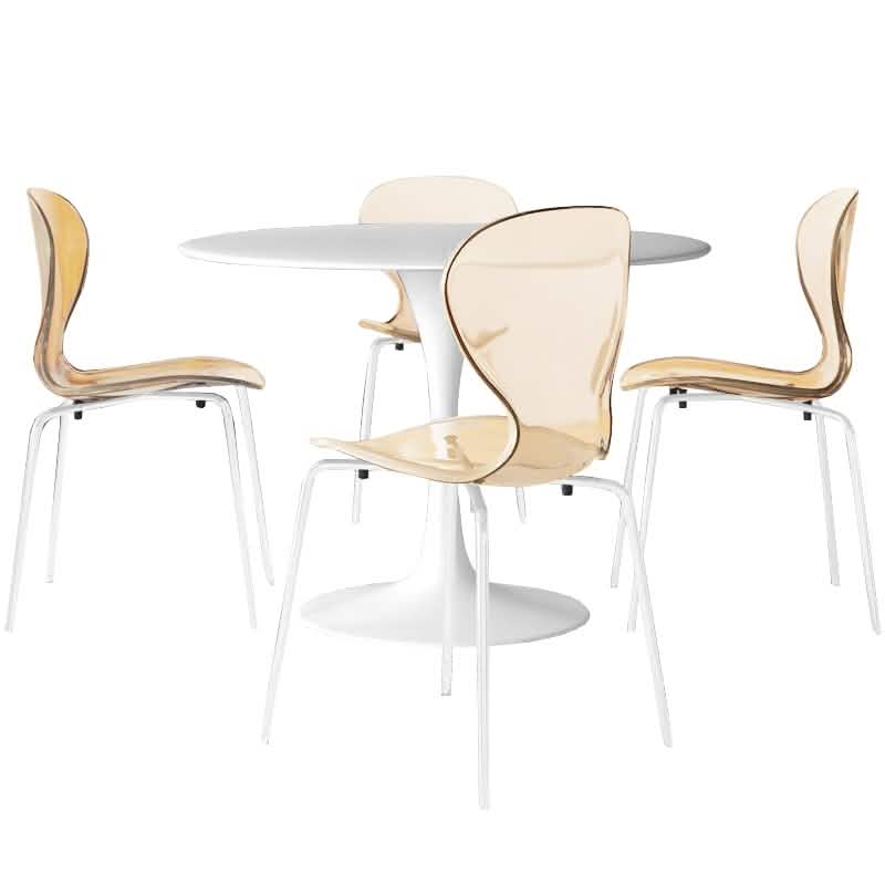 LeisureMod 5-Piece Dining Set Round White MDF Table and 4 Acrylic Chairs with White Base Amber Dining Set Leisuremod