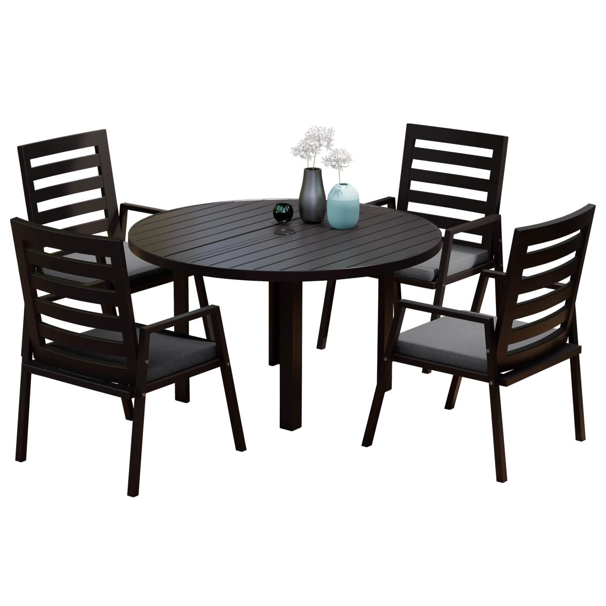 Chelsea 5-Piece Patio Dining Set with 48" Round Aluminum Dining Table and 4 Dining Armchair Black Dining Set Leisuremod