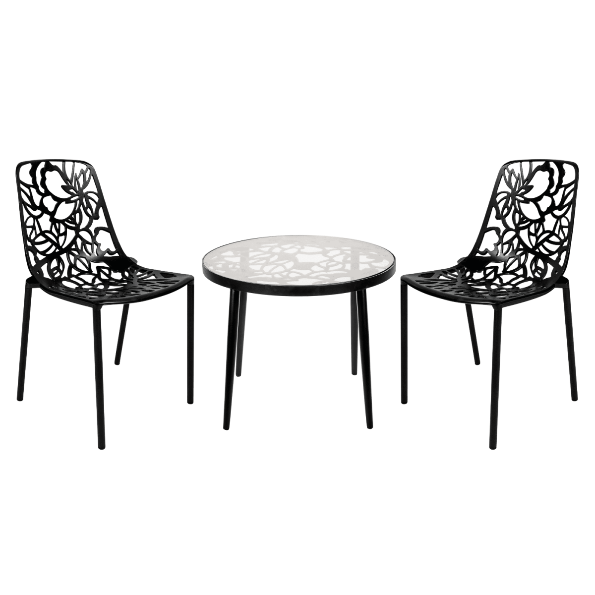 Devon 3-Piece Patio Dining Set: Aluminum Table with Glass Top & 2 Stackable Flower Chairs Black Dining Set Leisuremod