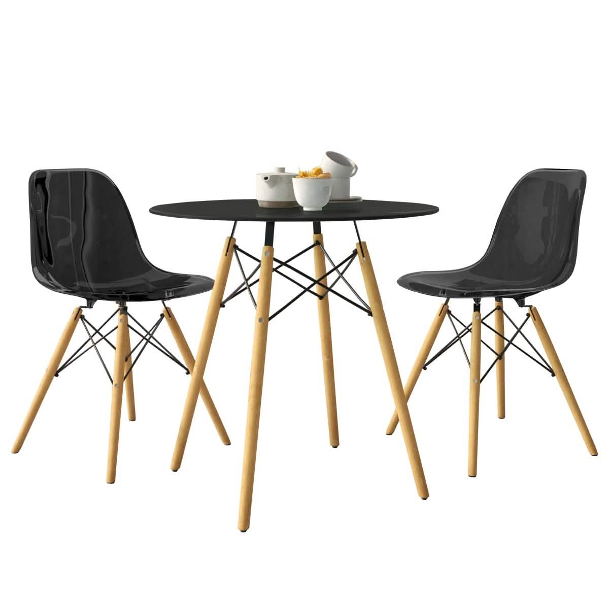 Dover 3-Piece Dining Set with Round Black MDF Top Bistro Table and 2 Plastic Chairs Black Dining Set Leisuremod