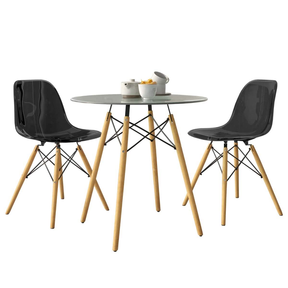 Dover 3-Piece Dining Set with Round Clear Glass Top Bistro Table and 2 Plastic Chairs Black Dining Set Leisuremod